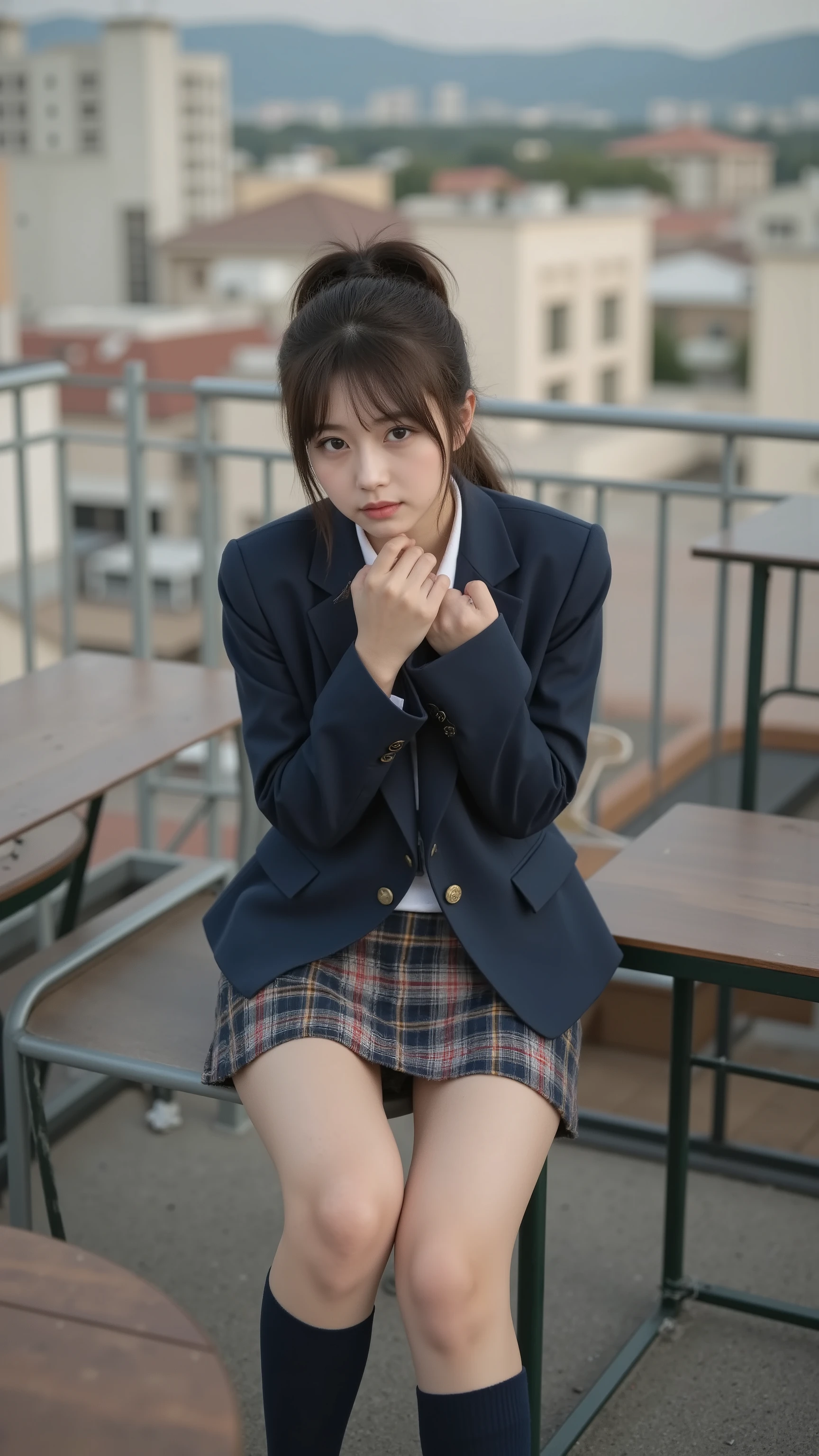 masterpiece, Highest Quality , illustration, 非常にdetails, details, high resolution, 8k,Wallpaper, perfect dynamic configuration for the camera,(Here it is Wobble High Quality, Realistic Eye Description :1.3), high school classroom 、Women's College Uniform、 blazer after face 、 super short plaid uniform skirt with handcuffs and collar 、navy blue high socks、 garter belt、 plump breasts on a large rooftop , Disturbed Uniform, ( up hair:1.2), dark haired, big boobs, BIG NATURAL COLOR LIPS, Bold and Sexy Poses, ( Complete ), crying a little、 20 year old girl、 cute type, Beautiful legs, posing gravure idol, Full Thighs