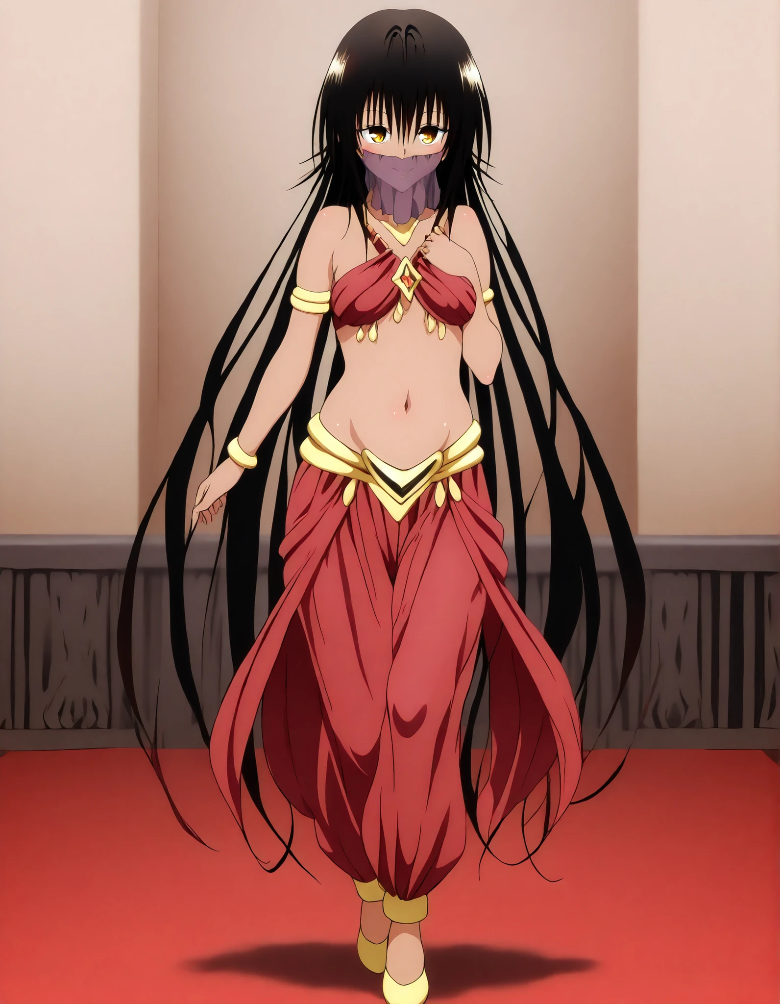(1girl:1 . 5) , (Seul:1 . 5) , score_9 , score_8_haut , score_7_haut , source_anime , Official work  , ultra-detailed , masterpiece , best quality , high resolution , beaux yeux , detailed eyes , Detailed face , beautiful detailed eyes,dark skin, black hair, very long hair, twin tails, yellow eyes, To Love Ru,Nemesis,Arabian Clothes , Arabian Dancer ,belly dancer costume,belly dancer outfit ,full body,golden jewelery,mouth veil,armlet, belly dancing,arabian theater,seductive smile, dancing with veil, dynamic movement,dance posture, seductive pose