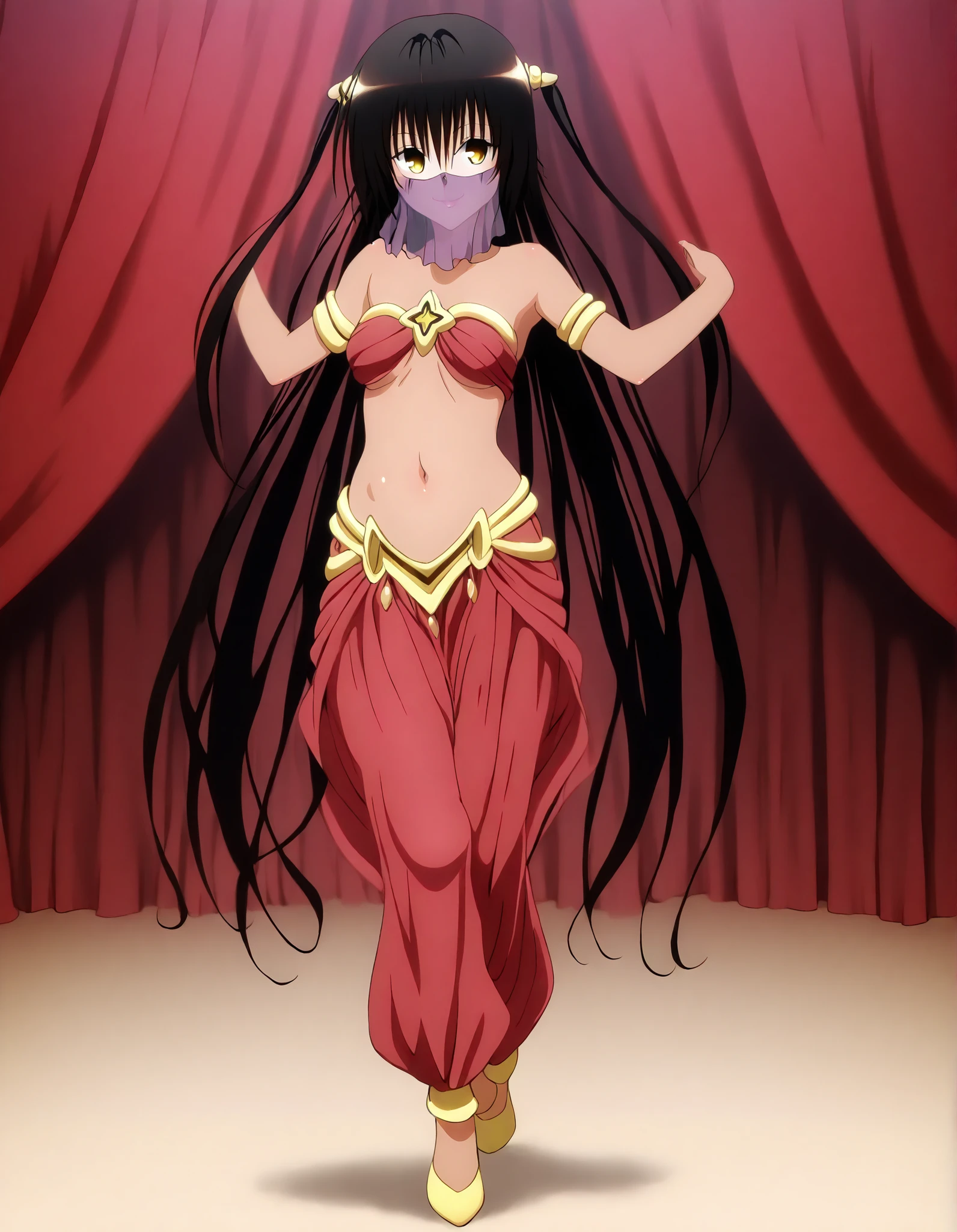 (1girl:1 . 5) , (Seul:1 . 5) , score_9 , score_8_haut , score_7_haut , source_anime , Official work  , ultra-detailed , masterpiece , best quality , high resolution , beaux yeux , detailed eyes , Detailed face , beautiful detailed eyes,dark skin, black hair, very long hair, twin tails, yellow eyes, To Love Ru,Nemesis,Arabian Clothes , Arabian Dancer ,belly dancer costume,belly dancer outfit ,full body,golden jewelery,mouth veil,armlet, belly dancing,arabian theater,seductive smile, dancing with veil, dynamic movement,dance posture, seductive pose