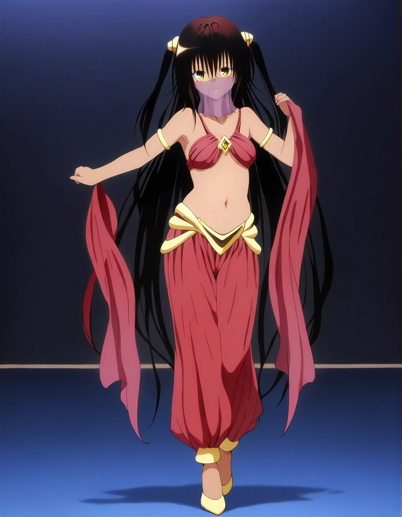 (1girl:1 . 5) , (Seul:1 . 5) , score_9 , score_8_haut , score_7_haut , source_anime , Official work  , ultra-detailed , masterpiece , best quality , high resolution , beaux yeux , detailed eyes , Detailed face , beautiful detailed eyes,dark skin, black hair, very long hair, twin tails, yellow eyes, To Love Ru,Nemesis,Arabian Clothes , Arabian Dancer ,belly dancer costume,belly dancer outfit ,full body,golden jewelery,mouth veil,armlet, belly dancing,arabian theater,seductive smile, dancing with veil, dynamic movement,dance posture, seductive pose