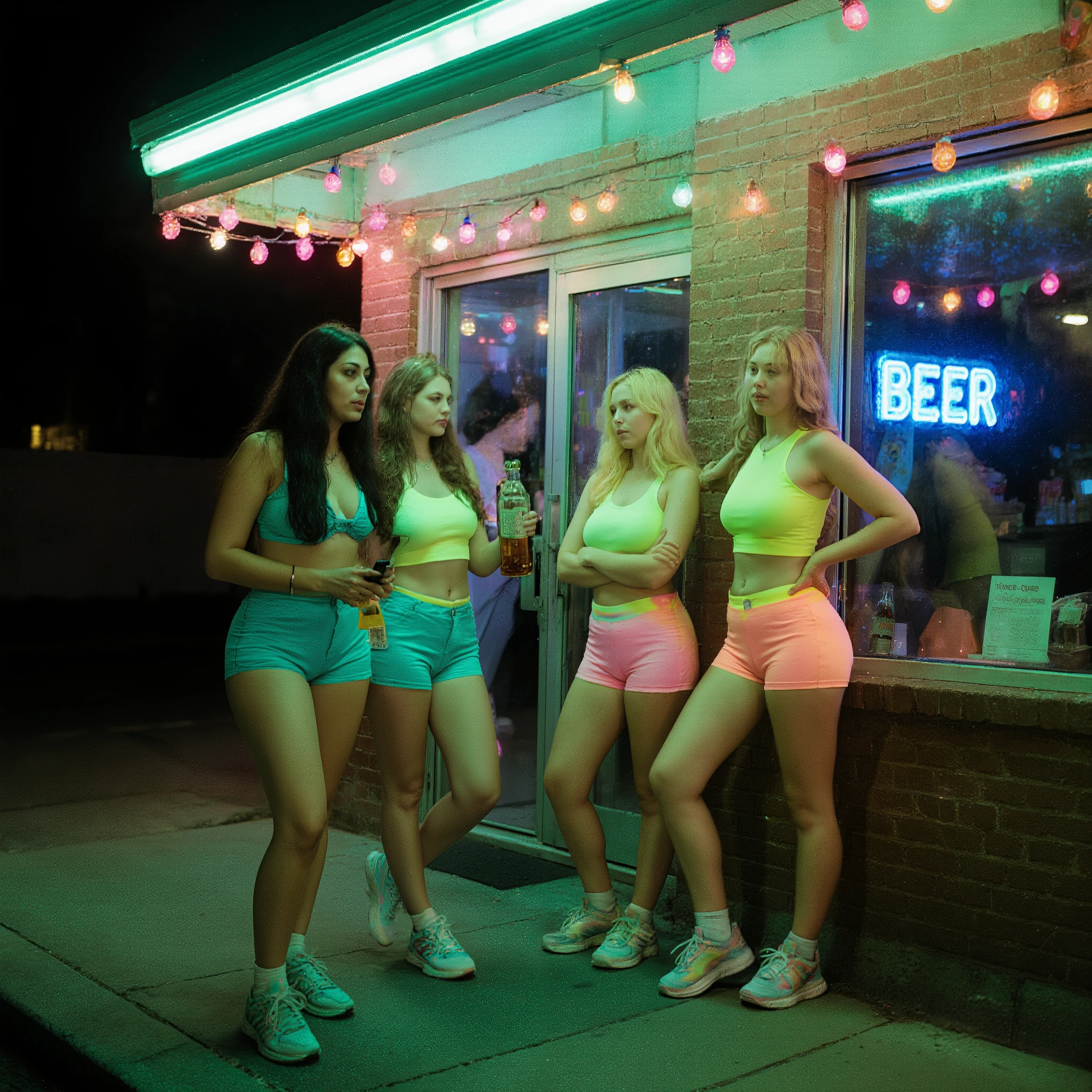 Ultra-realistic 35mm film night street photo outside a small brick convenience store. Four adult women gather at the entrance beneath a fluorescent canopy and multicolored string lights. Left: a woman in a turquoise bikini top and aqua shorts stands with weight on her right leg, left foot turned outward, relaxed shoulders, one hand holding a phone near her hip, neutral gaze; long dark hair. Center-left: a blonde in pale-yellow shorts and a light top leans against the doorframe, right knee bent and lifted, sneaker on tiptoe; right hand gripping a clear glass bottle of amber liquor by the neck; left forearm lightly touching the next woman. Center-right: a blonde in a lime-green bikini top and neon coral–pink gradient shorts stands in three-quarter profile, right hand on her hip, left hand hanging a small bottle at her side, chin slightly raised. Rear: another woman peeks from the doorway between them, only head and shoulders visible, watching the scene. All wear colorful sneakers. The scene is washed in cyan–green light from the store’s fluorescents and an electric-blue beer neon inside the window, with warm magenta and red flecks from the string bulbs along the roofline. Brick texture, postered windows and reflections on the glass are sharp; shallow curb and concrete step in foreground.