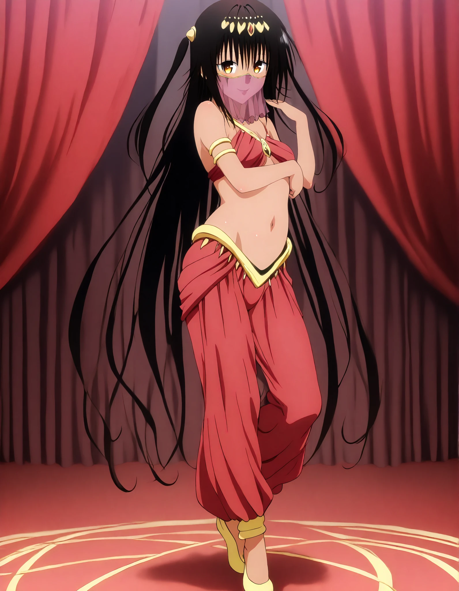 (1girl:1 . 5) , (Seul:1 . 5) , score_9 , score_8_haut , score_7_haut , source_anime , Official work  , ultra-detailed , masterpiece , best quality , high resolution , beaux yeux , detailed eyes , Detailed face , beautiful detailed eyes,dark skin, black hair, very long hair, twin tails, yellow eyes, To Love Ru,Nemesis,Arabian Clothes , Arabian Dancer ,belly dancer costume,belly dancer outfit ,full body,golden jewelery,mouth veil,armlet, belly dancing,arabian theater,seductive smile, dancing with veil, dynamic movement,dance posture, seductive pose