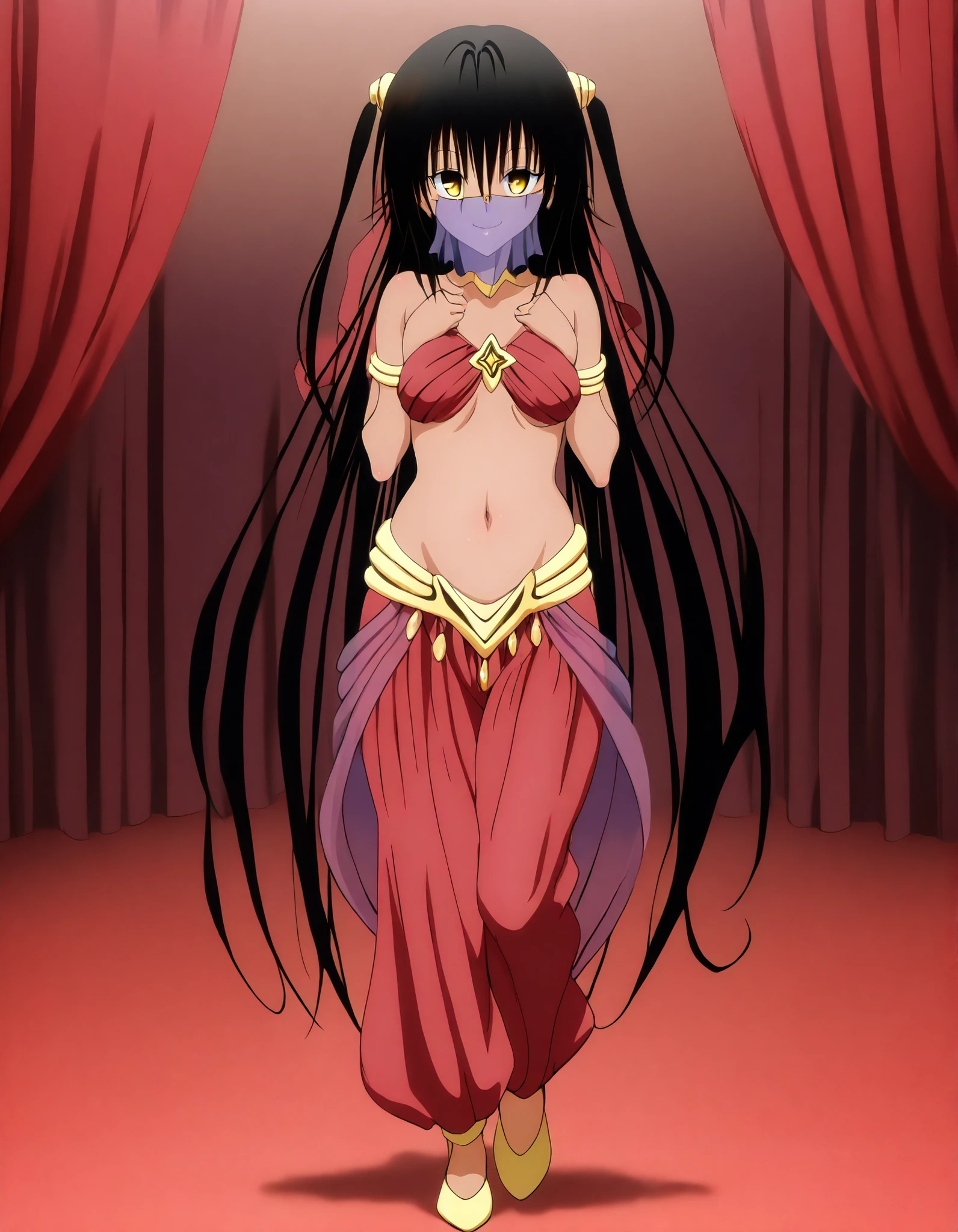 (1girl:1 . 5) , (Seul:1 . 5) , score_9 , score_8_haut , score_7_haut , source_anime , Official work  , ultra-detailed , masterpiece , best quality , high resolution , beaux yeux , detailed eyes , Detailed face , beautiful detailed eyes,dark skin, black hair, very long hair, twin tails, yellow eyes, To Love Ru,Nemesis,Arabian Clothes , Arabian Dancer ,belly dancer costume,belly dancer outfit ,full body,golden jewelery,mouth veil,armlet, belly dancing,arabian theater,seductive smile, dancing with veil, dynamic movement,dance posture, seductive pose