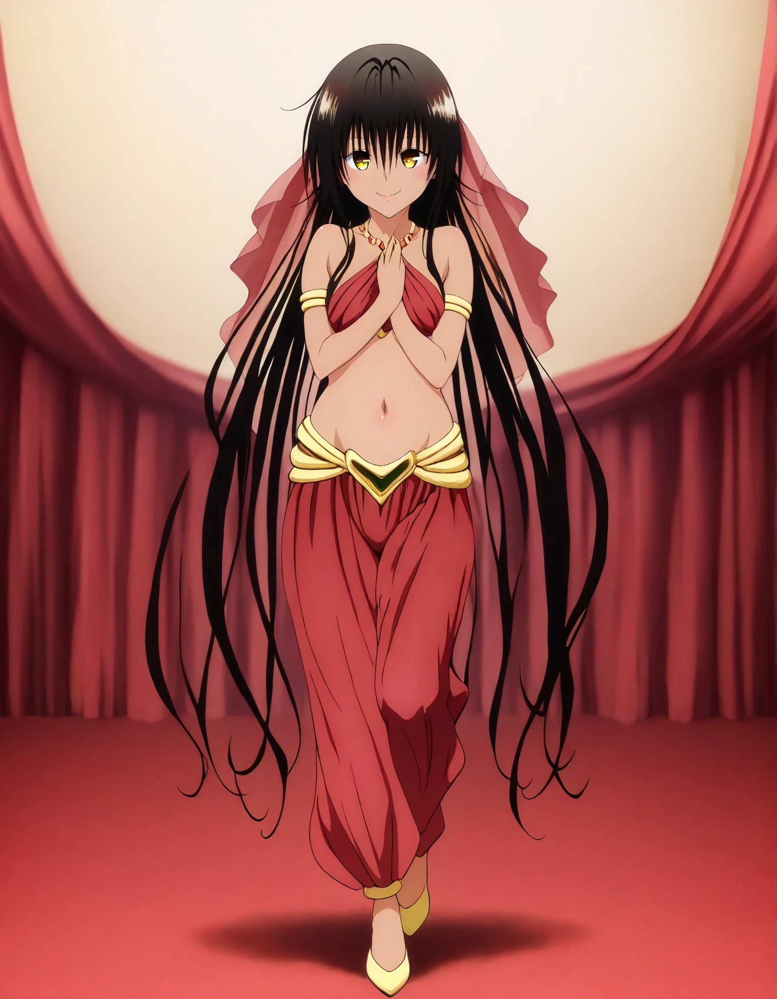 (1girl:1 . 5) , (Seul:1 . 5) , score_9 , score_8_haut , score_7_haut , source_anime , Official work  , ultra-detailed , masterpiece , best quality , high resolution , beaux yeux , detailed eyes , Detailed face , beautiful detailed eyes,dark skin, black hair, very long hair, twin tails, yellow eyes, To Love Ru,Nemesis,Arabian Clothes , Arabian Dancer ,belly dancer costume,belly dancer outfit ,full body,golden jewelery,armlet, belly dancing,arabian theater,seductive smile, dancing with veil, dynamic movement,dance posture, seductive pose