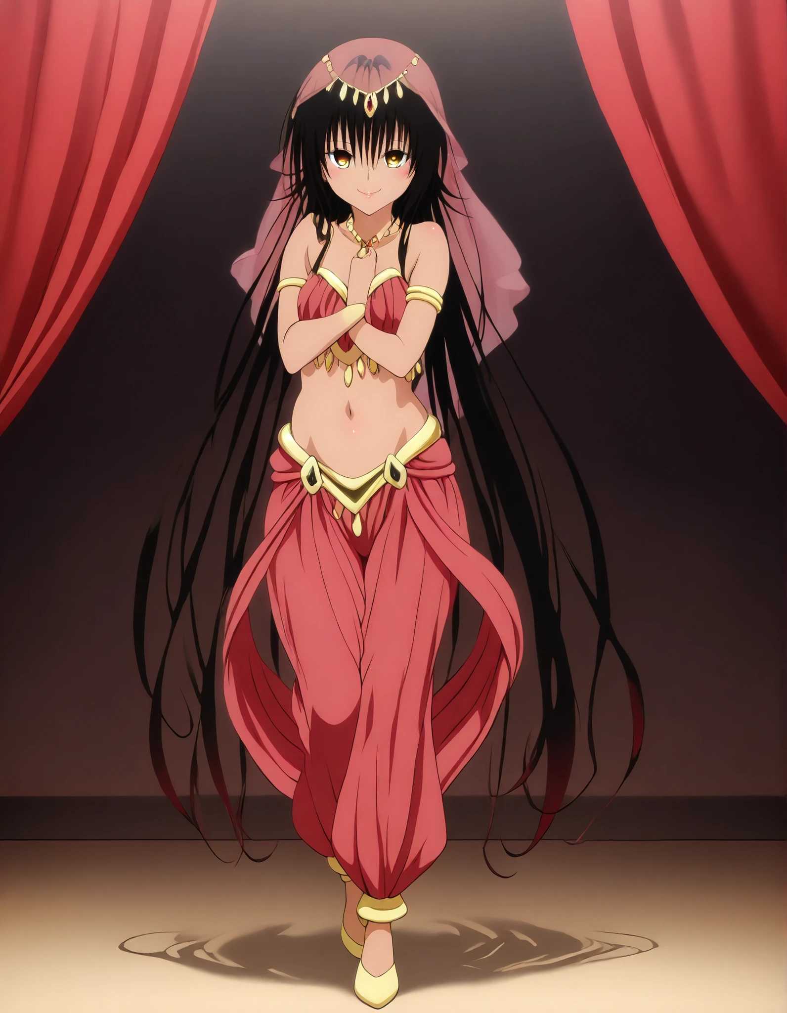 (1girl:1 . 5) , (Seul:1 . 5) , score_9 , score_8_haut , score_7_haut , source_anime , Official work  , ultra-detailed , masterpiece , best quality , high resolution , beaux yeux , detailed eyes , Detailed face , beautiful detailed eyes,dark skin, black hair, very long hair, twin tails, yellow eyes, To Love Ru,Nemesis,Arabian Clothes , Arabian Dancer ,belly dancer costume,belly dancer outfit ,full body,golden jewelery,armlet, belly dancing,arabian theater,seductive smile, dancing with veil, dynamic movement,dance posture, seductive pose