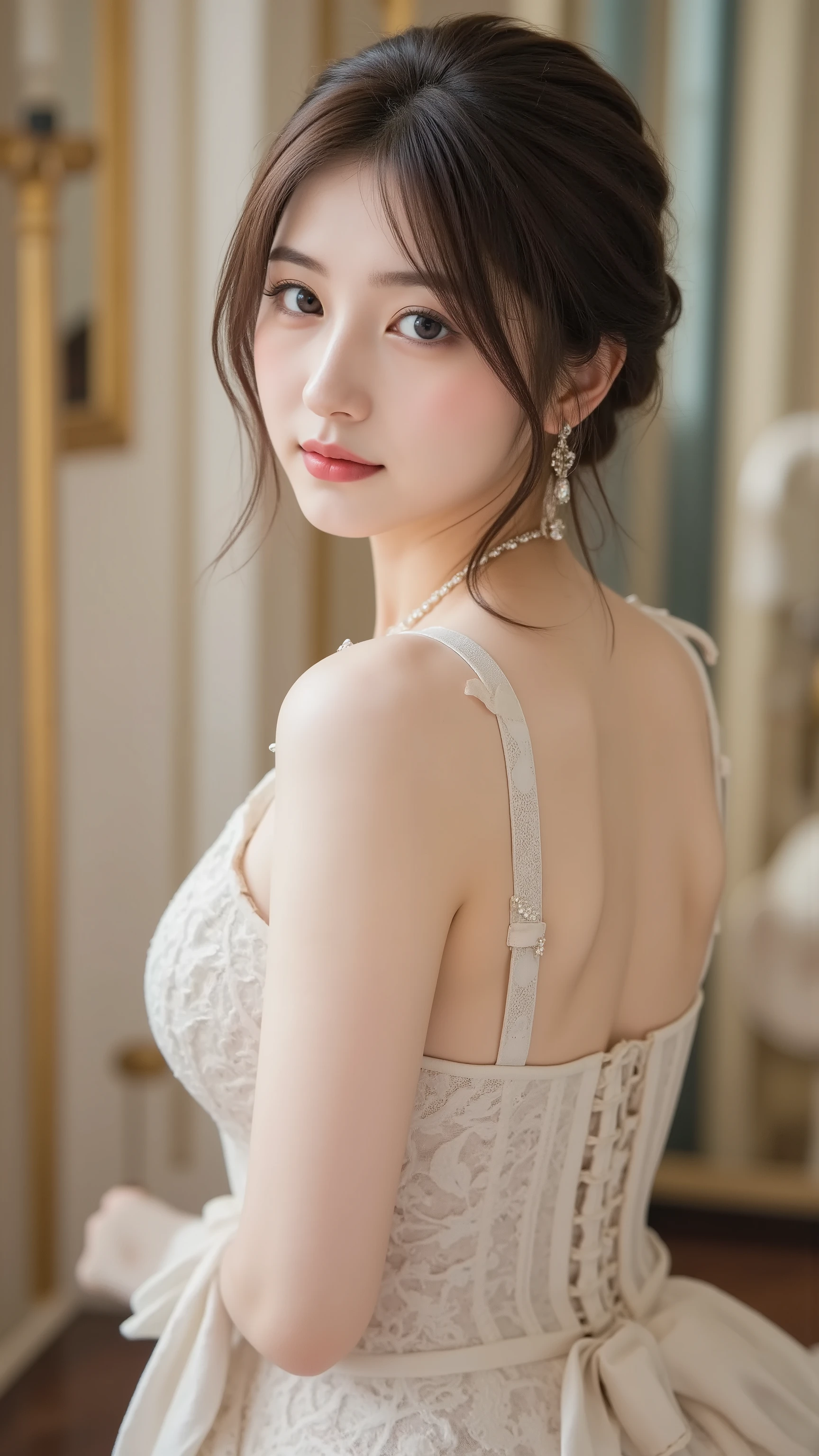 Noble princess 、baroque lace up bodice dress,Baroque Palace, (colorful mosaic chandelier), (1 Japanese girl:1.3)、Realistic Pictures、Photo Real:1.4 , Official Art、Super Detailed、Aesthetic、beautiful faces、masterpiece、Highest Quality、Like Life Support Devices、Seductive Eyes 、ecstasy expression、Beautiful Butts、Stick your small butt higher、 Baroque Jewelry Necklace 、Baroque style gloves、beautiful skin、baroque jewelry earrings、attractive body、on all fours、Looking Back、watch viewers