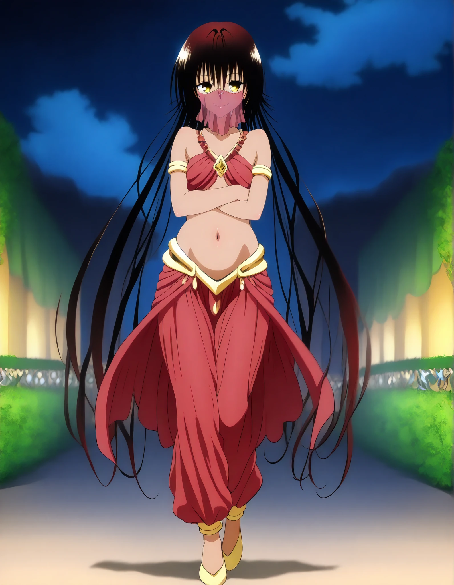 (1girl:1 . 5) , (Seul:1 . 5) , score_9 , score_8_haut , score_7_haut , source_anime , Official work , ultra-detailed , masterpiece , best quality , high resolution , beaux yeux , detailed eyes , Detailed face , beautiful detailed eyes,dark skin, black hair, very long hair, twin tails, yellow eyes, To Love Ru,Nemesis,Arabian Clothes , Arabian Dancer ,belly dancer costume,belly dancer outfit ,full body,golden jewelery,mouth veil,armlet, belly dancing,night,arabian garden,seductive smile, dancing with veil, dynamic movement,dance posture, seductive pose