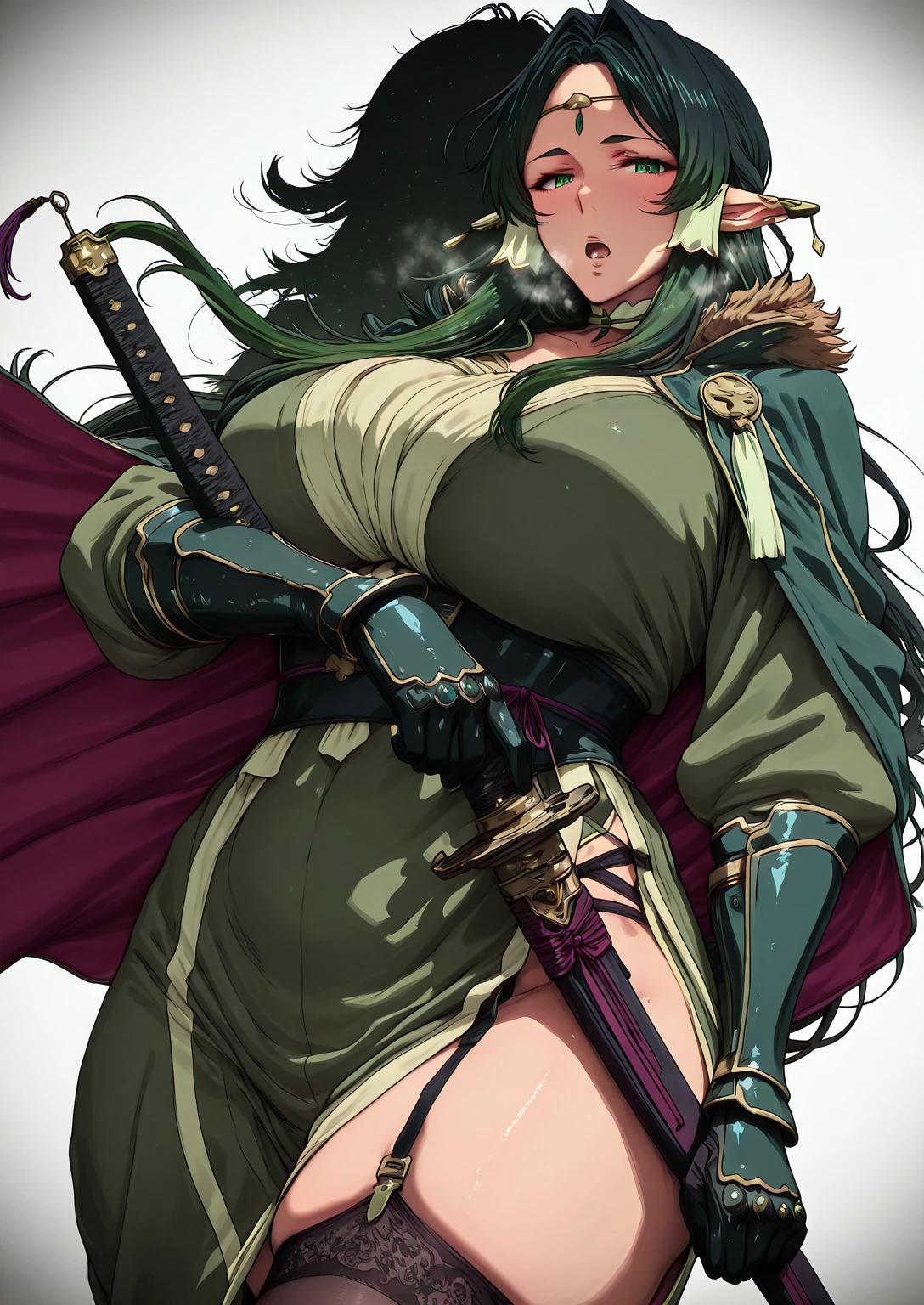 Sakuranotomoru, Hgk, (mana_(remana)-style:1.3), (imizu_(nitro_unknown)-style:1.4), (packge-style:1.2), (himadera-style:1.2), ((anatomical correct)), ((Cinematic, unreal engine, eye-catching, ambient occlusion, UHD, masterpiece)), ((perfect lighting, soft shadow)), perfect body, perfect eyes, perfect fingers, gasping, heavy breathing, gasping profusely, ((skindentation)), ((curvy)), sakuya, long hair, black hair, very long hair, green eyes, green hair, pointy ears, hair tubes, elf, ear covers, dark green hair, mature female, breasts, athletic body,(voluptuous:1.5), (mature female:1.5), ((vignetting)), weapon, open_mouth, gauntlets, solo, thighhighs, garter_straps, sword, looking_at_viewer, cape, black_thighhighs, hair_intakes, streaked_hair, white_background, fur_trim, 