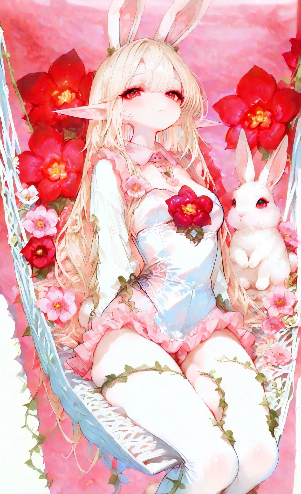 (Highest Quality, Super Detailed:1.5), 8k,(one girl), (Bunny Eared Elf Girl:1.5),Platinum Blonde Hair, very long hair, round eyes,(bunny ears grow:1.5), (red beautiful eyes:1.5), Full Body, arms behind back, small breasts,(Beautiful Vines and Flowers々playing with fairies that look like rabbits:1.5),( beautiful flowers 々is in full bloom:1.5), (The background is a beautiful fantastic forest:1.5), (long sleeve white and pink ruffle collared mini dress:1.5), (I'm sitting in a hammock woven with:1.5),(A girl is holding a biologically accurate rabbit:1.5),