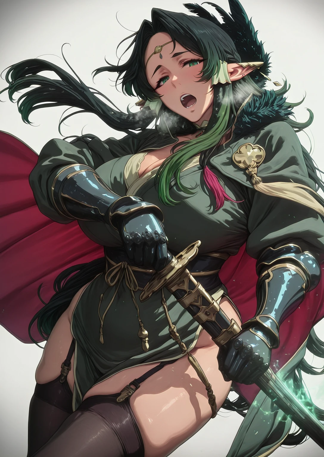 Sakuranotomoru, Hgk, (mana_(remana)-style:1.3), (imizu_(nitro_unknown)-style:1.4), (packge-style:1.2), (himadera-style:1.2), ((anatomical correct)), ((Cinematic, unreal engine, eye-catching, ambient occlusion, UHD, masterpiece)), ((perfect lighting, soft shadow)), perfect body, perfect eyes, perfect fingers, gasping, heavy breathing, gasping profusely, ((skindentation)), ((curvy)), sakuya, long hair, black hair, very long hair, green eyes, green hair, pointy ears, hair tubes, elf, ear covers, dark green hair, mature female, breasts, athletic body,(voluptuous:1.5), (mature female:1.5), ((vignetting)), weapon, open_mouth, gauntlets, solo, thighhighs, garter_straps, sword, looking_at_viewer, cape, black_thighhighs, hair_intakes, streaked_hair, white_background, fur_trim, 