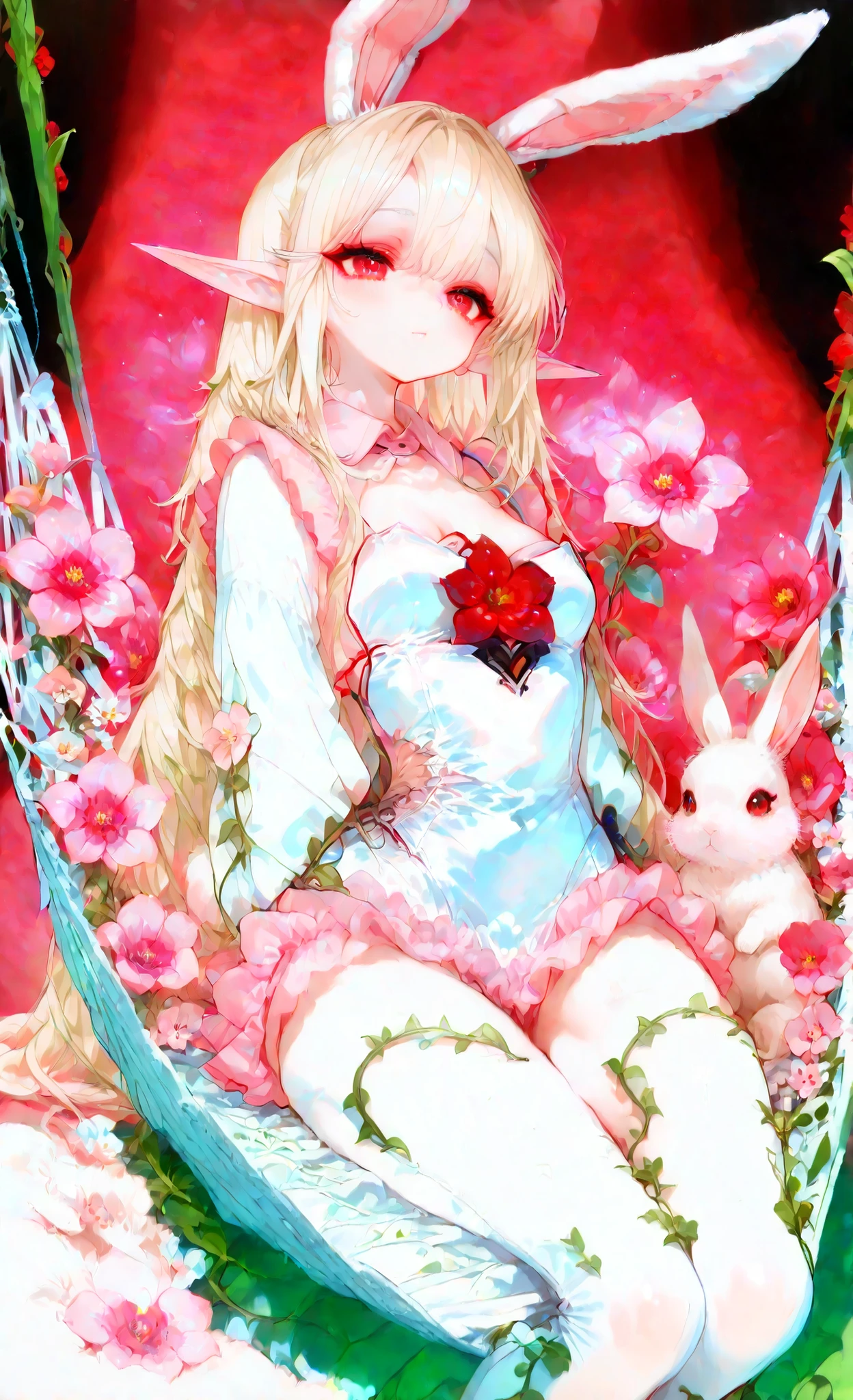 (Highest Quality, Super Detailed:1.5), 8k,(one girl), (Bunny Eared Elf Girl:1.5),Platinum Blonde Hair, very long hair, round eyes,(bunny ears grow:1.5), (red beautiful eyes:1.5), Full Body, arms behind back, small breasts,(Beautiful Vines and Flowers々playing with fairies that look like rabbits:1.5),( beautiful flowers 々is in full bloom:1.5), (The background is a beautiful fantastic forest:1.5), (long sleeve white and pink ruffle collared mini dress:1.5), (I'm sitting in a hammock woven with:1.5),(A girl is holding a biologically accurate rabbit:1.5),