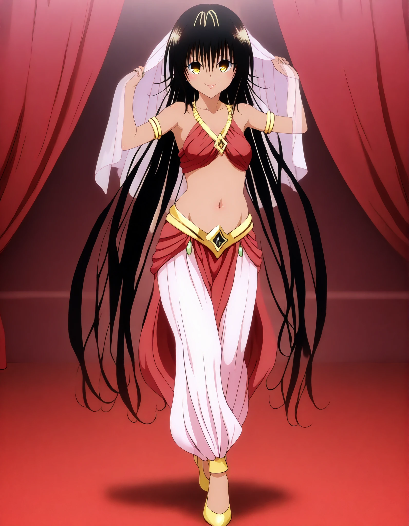 (1girl:1 . 5) , (Seul:1 . 5) , score_9 , score_8_haut , score_7_haut , source_anime , Official work  , ultra-detailed , masterpiece , best quality , high resolution , beaux yeux , detailed eyes , Detailed face , beautiful detailed eyes,dark skin, black hair, very long hair, twin tails, yellow eyes, To Love Ru,Nemesis,Arabian Clothes , Arabian Dancer ,belly dancer costume,belly dancer outfit ,full body,golden jewelery,armlet, belly dancing,arabian garden,seductive smile, dancing with veil, dynamic movement,dance posture, seductive pose