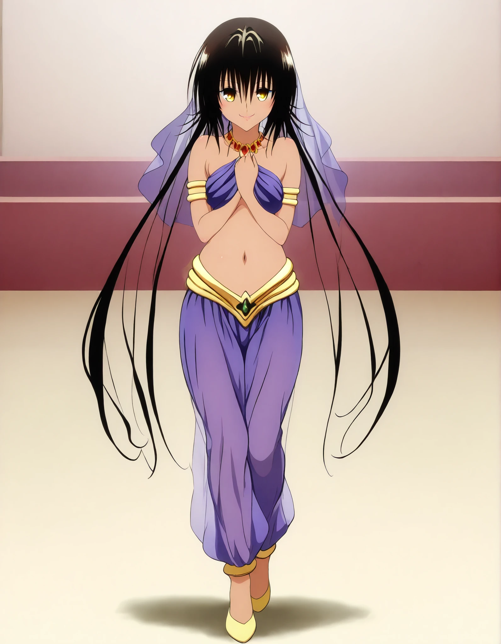 (1girl:1 . 5) , (Seul:1 . 5) , score_9 , score_8_haut , score_7_haut , source_anime , Official work  , ultra-detailed , masterpiece , best quality , high resolution , beaux yeux , detailed eyes , Detailed face , beautiful detailed eyes,dark skin, black hair, very long hair, twin tails, yellow eyes, To Love Ru,Nemesis,Arabian Clothes , Arabian Dancer ,belly dancer costume,belly dancer outfit ,full body,golden jewelery,armlet, belly dancing,arabian garden,seductive smile, dancing with veil, dynamic movement,dance posture, seductive pose