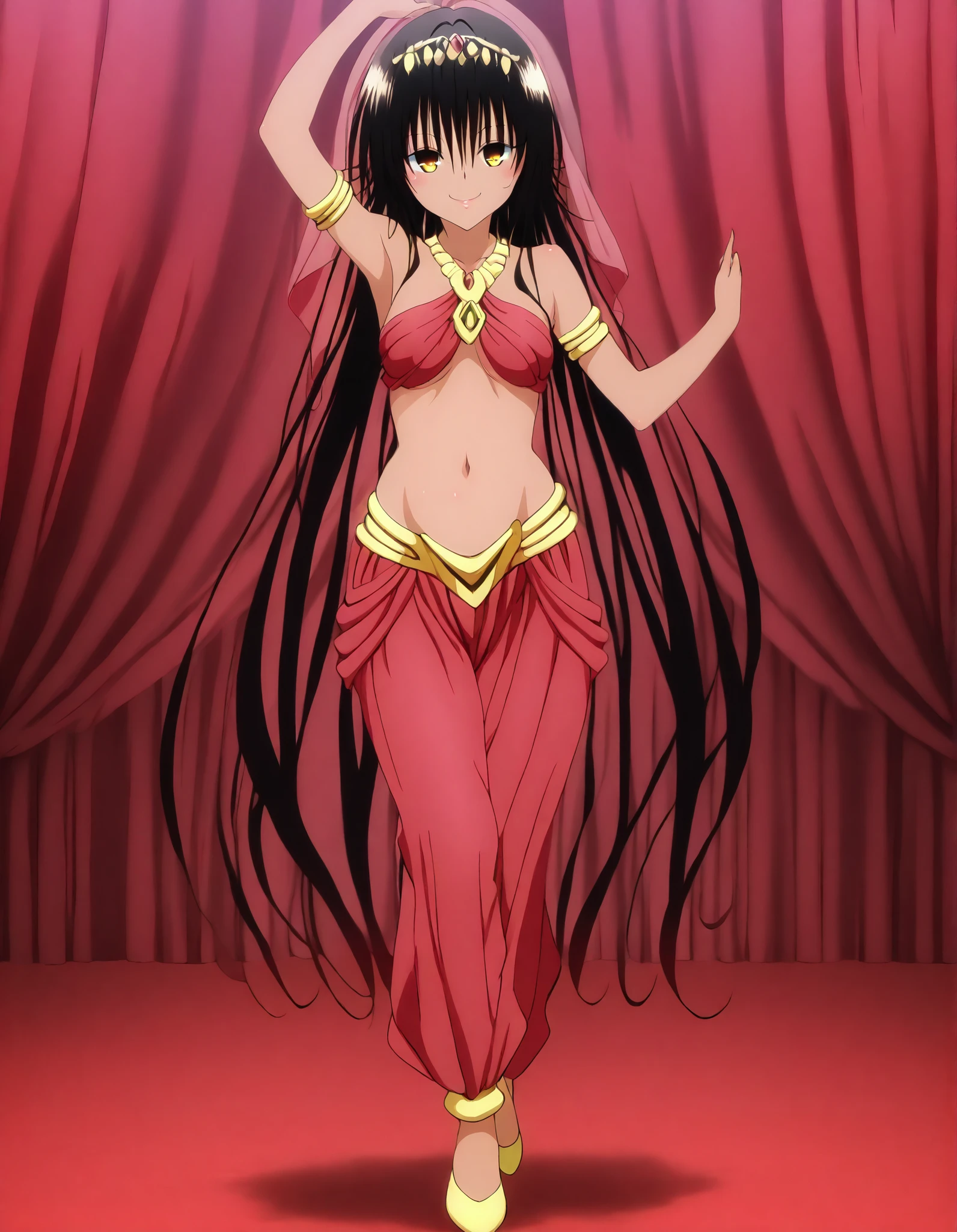 (1girl:1 . 5) , (Seul:1 . 5) , score_9 , score_8_haut , score_7_haut , source_anime , Official work , ultra-detailed , masterpiece , best quality , high resolution , beaux yeux , detailed eyes , Detailed face , beautiful detailed eyes,dark skin, black hair, very long hair, twin tails, yellow eyes, To Love Ru,Nemesis,Arabian Clothes , Arabian Dancer ,belly dancer costume,belly dancer outfit ,full body,golden jewelery,armlet, belly dancing,arabian garden,seductive smile, dancing with veil, dynamic movement,dance posture, seductive pose