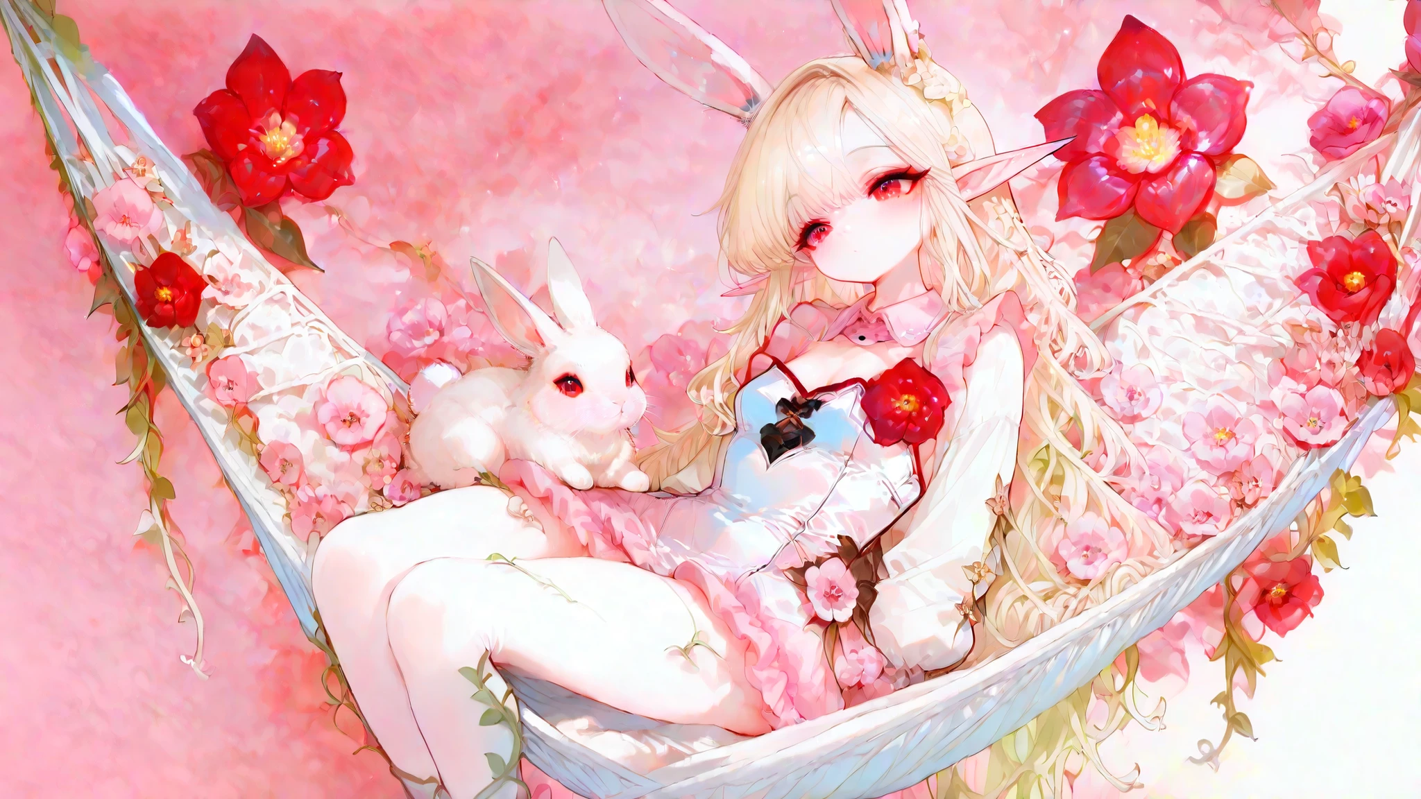 (Highest Quality, Super Detailed:1.5), 8k,(one girl), (Bunny Eared Elf Girl:1.5),Platinum Blonde Hair, very long hair, round eyes,(bunny ears grow:1.5), (red beautiful eyes:1.5), Full Body, arms behind back, small breasts,(Beautiful Vines and Flowers々playing with fairies that look like rabbits:1.5),( beautiful flowers 々is in full bloom:1.5), (The background is a beautiful fantastic forest:1.5), (long sleeve white and pink ruffle collared mini dress:1.5), (I'm sitting in a hammock woven with:1.5),(A girl is holding a biologically accurate rabbit:1.5),