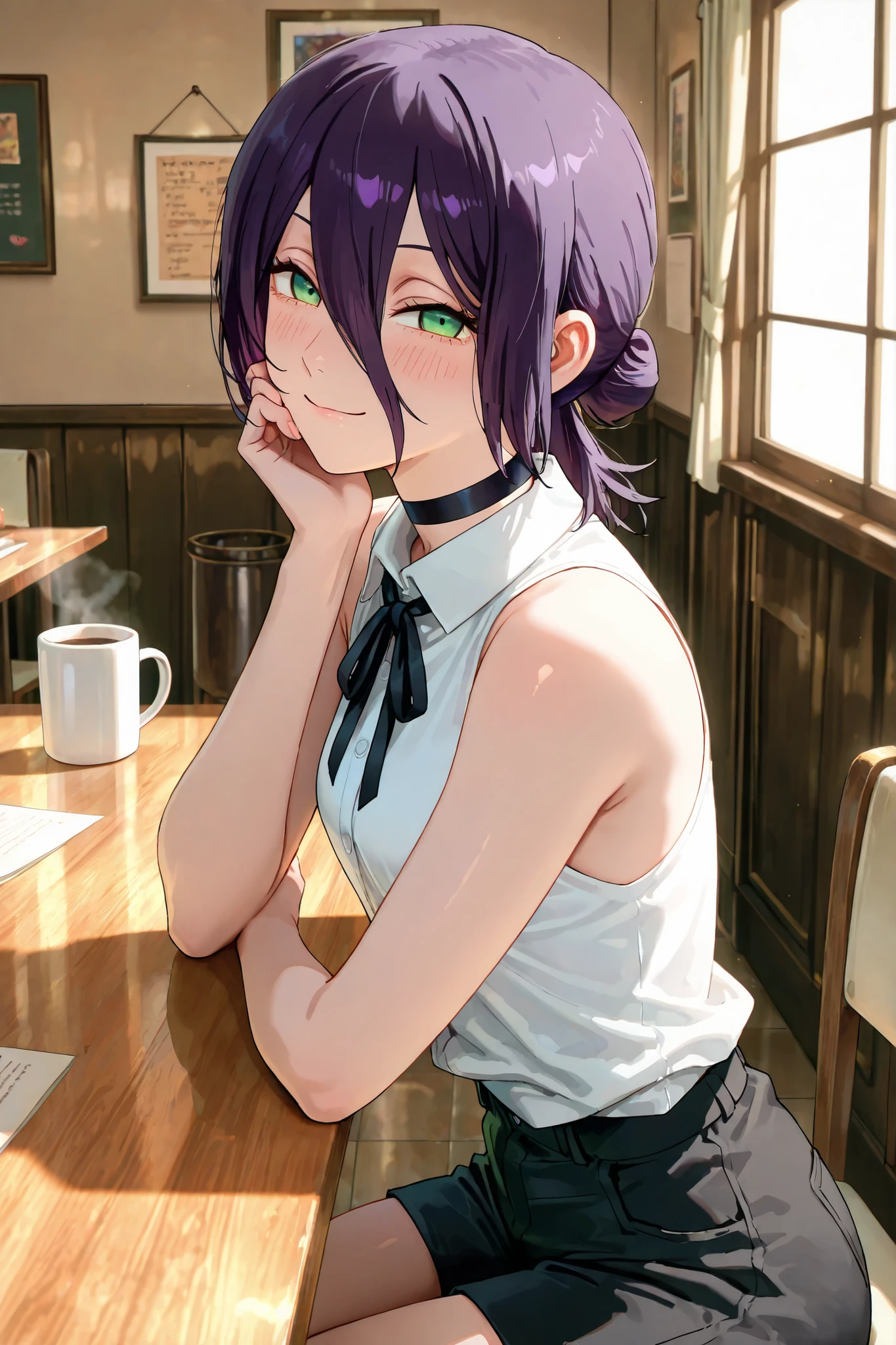 masterpiece, best quality, absolutely absurdres, very aaesthetic, newest, very awa, masterpiece, best quality, absolutely absurdres, very aaesthetic, newest, anime screencap, solo,reze, chainsaw man, navy hair, green eyes,black choker, purple hair, choker, eyebrows hidden by hair, green eyes, hair between eyes, long bangs, medium hair,,bare shoulders, black ribbon, black shorts, collar, collared shirt, neck ribbon, ribbon, shirt, shorts, sleeveless, sleeveless shirt, white shirt, BREAK, cowboy shot, Masterpiece,(perfect female body:1.2), small waist, (incredibly detailed:1.4), slim, beautiful fingers, beautiful skin, smile, exterior, looking at viewer, proportional body, proportional, beautiful hair, beautiful face, beautiful detailed eyes, beautiful clavicle, beautiful body, beautiful chest, beautiful thigh, beautiful legs, beautiful fingers, one hand standing, hand on cheek, looking at viewer, front view, pov shot, top body, blush, backlight, seductive smile,, brank eyes, (naughty face:1), shiny eyes, face focus, closed mouth, from side, head tilted,, BREAK sitting, blur background, afternoon, indoors, cafe, behind window, white chair, high table, white table, mug cup,