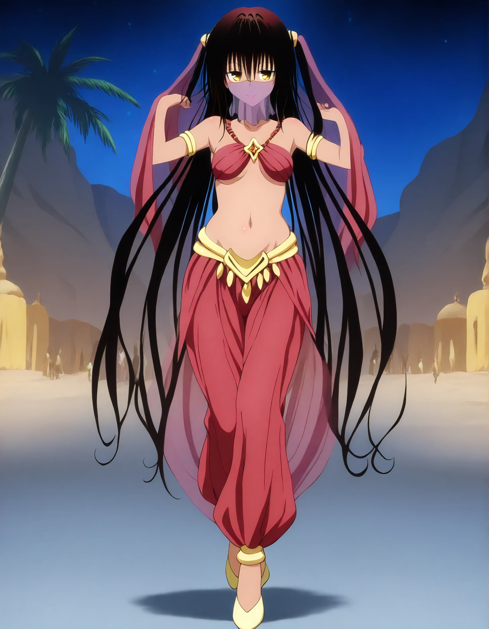 (1girl:1 . 5) , (Seul:1 . 5) , score_9 , score_8_haut , score_7_haut , source_anime , Official work  , ultra-detailed , masterpiece , best quality , high resolution , beaux yeux , detailed eyes , Detailed face , beautiful detailed eyes,dark skin, black hair, very long hair, twin tails, yellow eyes, To Love Ru,Nemesis,Arabian Clothes , Arabian Dancer ,belly dancer costume,belly dancer outfit ,full body,golden jewelery,mouth veil,armlet, belly dancing,night,desert lands,palm tree,seductive smile, dancing with veil, dynamic movement,dance posture, seductive pose