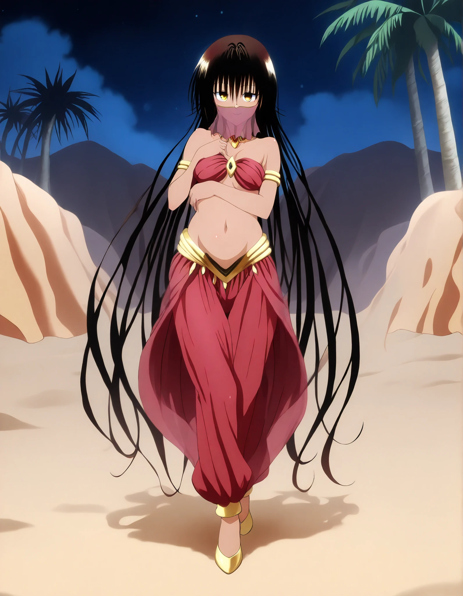 (1girl:1 . 5) , (Seul:1 . 5) , score_9 , score_8_haut , score_7_haut , source_anime , Official work  , ultra-detailed , masterpiece , best quality , high resolution , beaux yeux , detailed eyes , Detailed face , beautiful detailed eyes,dark skin, black hair, very long hair, twin tails, yellow eyes, To Love Ru,Nemesis,Arabian Clothes , Arabian Dancer ,belly dancer costume,belly dancer outfit ,full body,golden jewelery,mouth veil,armlet, belly dancing,night,desert lands,palm tree,seductive smile, dancing with veil, dynamic movement,dance posture, seductive pose