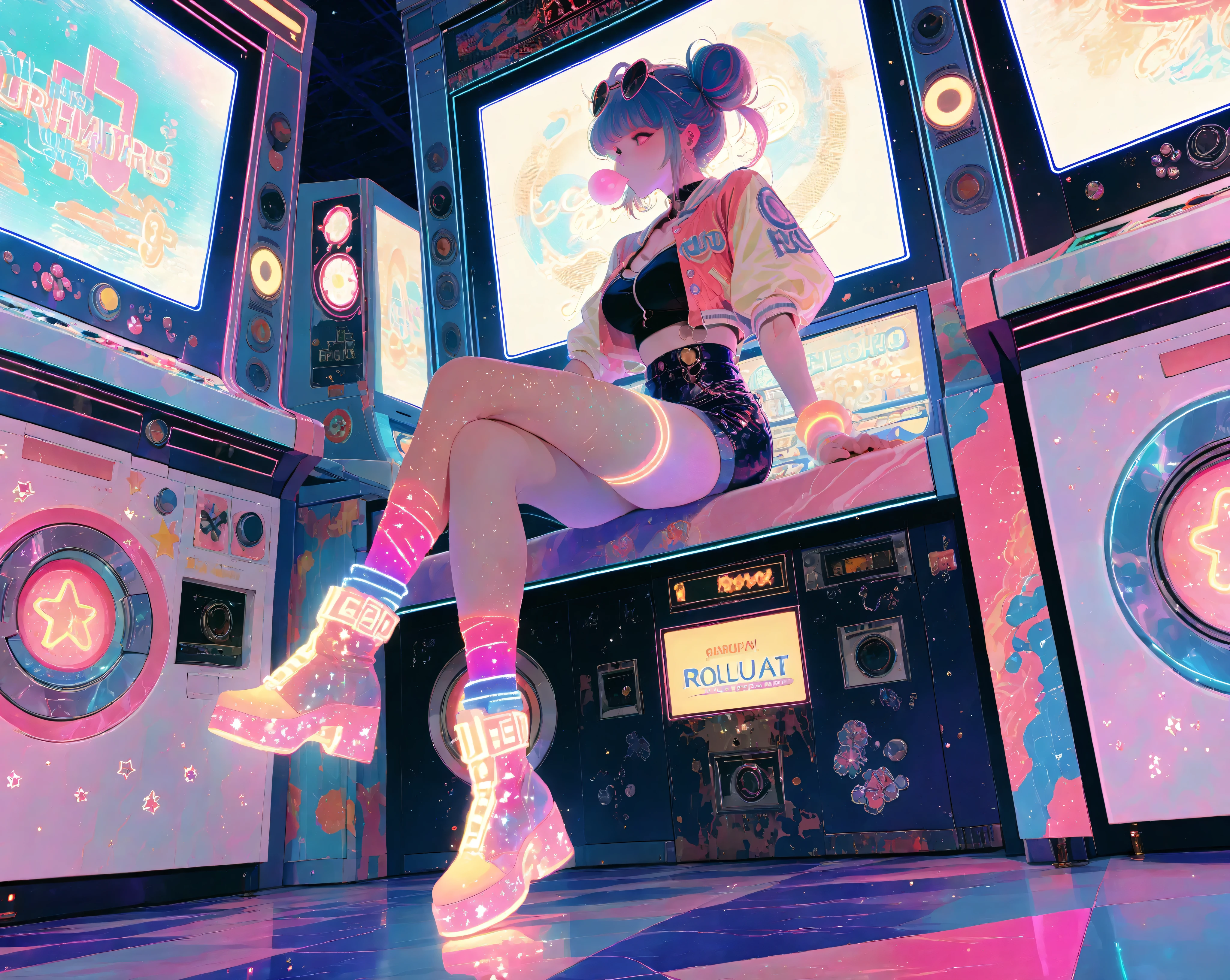 rolua.noa artstyle, masterpiece, best quality, amazing quality, absurdres, newest,
Sayuri Gojo
heart-shaped sunglasses, colorful 80s arcade outfit with cropped jacket, high-waist shorts, glitter stockings,
solo, chewing bubblegum, sitting casually on arcade cabinet, legs crossed,
neon-lit arcade room with retro game machines, pixel hearts and stars glowing,
full shot, low angle,
bright neon lighting, soft pastel highlights, VHS grain effect,