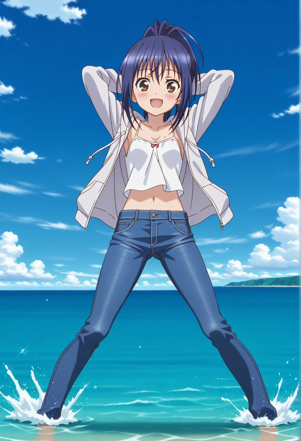 score_9, score_8_up, score_7_up, source_anime, highres, hi res, ((best quality, top quality, perfect quality, Highest Quality, amazing quality)), {{masterpiece}}, {{an extremely delicate and beautiful}}, 2d, intricate details, official style, anime, 8k, anime style, official_anime, official art, digital painting, cell shading, soft shading, high resolution, soothing tones, Subdued Color, Soft cinematic light, adobe lightroom, photolab, HDR, intricately and hyper-detailed, ((high quality animation)), 1 girl, Alone, solo, ((ocean)), tsunami, on the water, day, sunny, outdoors, sky, windy, mana takamiya, long hair, ponytail, hair between eyes, brown eyes, blue hair, sidelocks, anime screencap, small breasts, light mint hoodie, open hoodie, white camisole top, crop top, white crop top, best quality, hyper-detailed jeans, ((blue jeans:1.9)), (dark blue jeans:0.6), full medium body, medium shot, Open mouth, smiling, happy face, blush, sweat, standing, ((arms behind head:6.0)), bowlegged, sliding pose, action, looking at viewer, spread legs, Bend knees slightly, straight-on front view