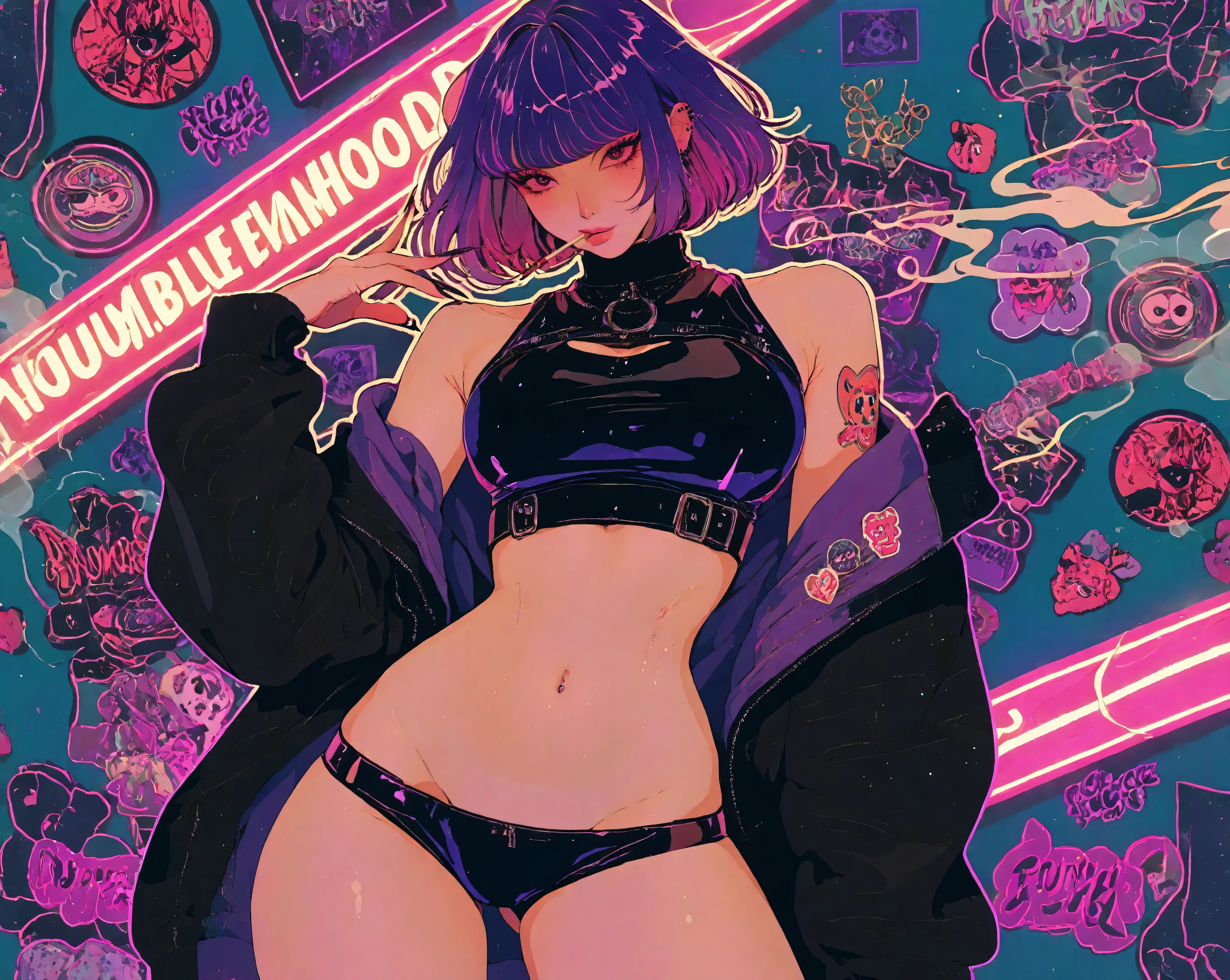 miaomiao_liulifa,,,lowleg,womanhood、 humble face、punky fashion、tattoos all over、Long nails、pin heel、Smoking、bob cut、purple bright hair、neon background