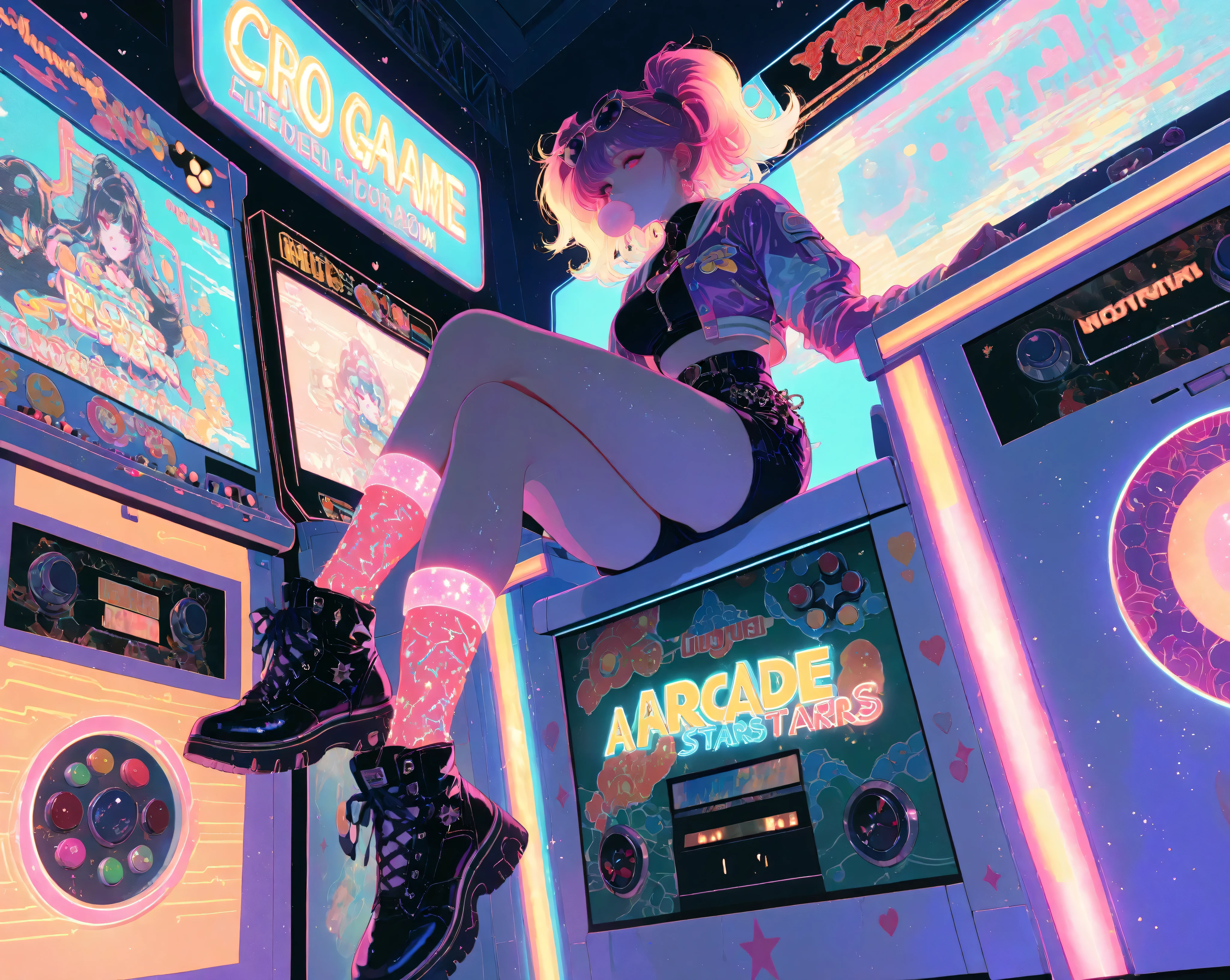 miaomiao_liulifa,,,rolua.noa artstyle, masterpiece, best quality, amazing quality, absurdres, newest,
Sayuri Gojo
heart-shaped sunglasses, colorful 80s arcade outfit with cropped jacket, high-waist shorts, glitter stockings,
solo, chewing bubblegum, sitting casually on arcade cabinet, legs crossed,
neon-lit arcade room with retro game machines, pixel hearts and stars glowing,
full shot, low angle,
bright neon lighting, soft pastel highlights, VHS grain effect,
