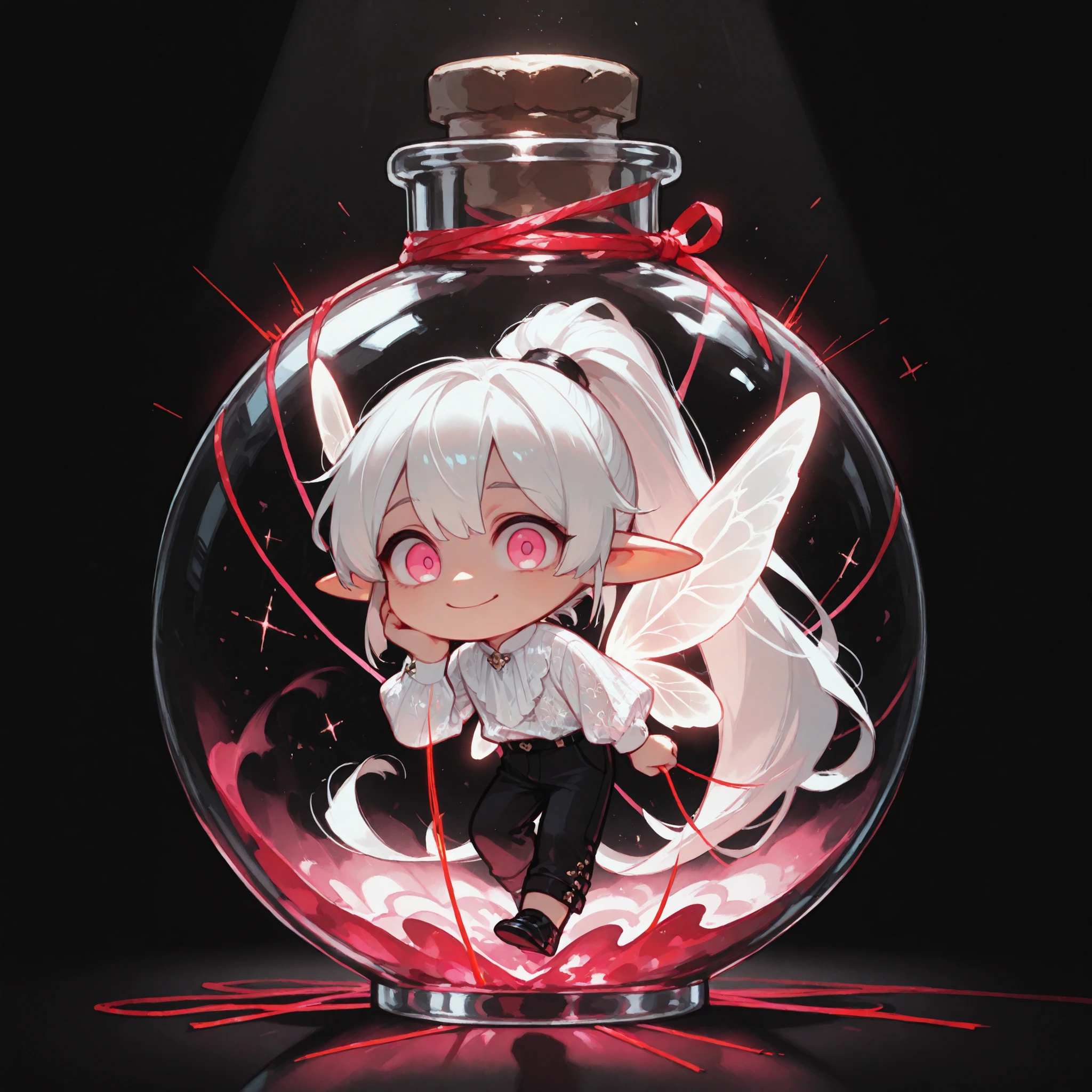 masterpiece, high quality, ultra-detailed,

chibi, solo, 1 boy:1.2, (male fairy:1.2, handsome), 1 boy, very long hair, white hair, ponytail hair, pink eyes, ((white silk shirts with ruffles, black slacks, man's fashion, modern look)), glowing wings, a thin red thread, thread wrapped loosely around his body, looking at viewer, one hand gently touching own cheek, ecstatic expression, dazed smile, enchanted, alluring,

inside sealed transparent round glass bottle, glowing magical liquid at bottom, spotlight, black background