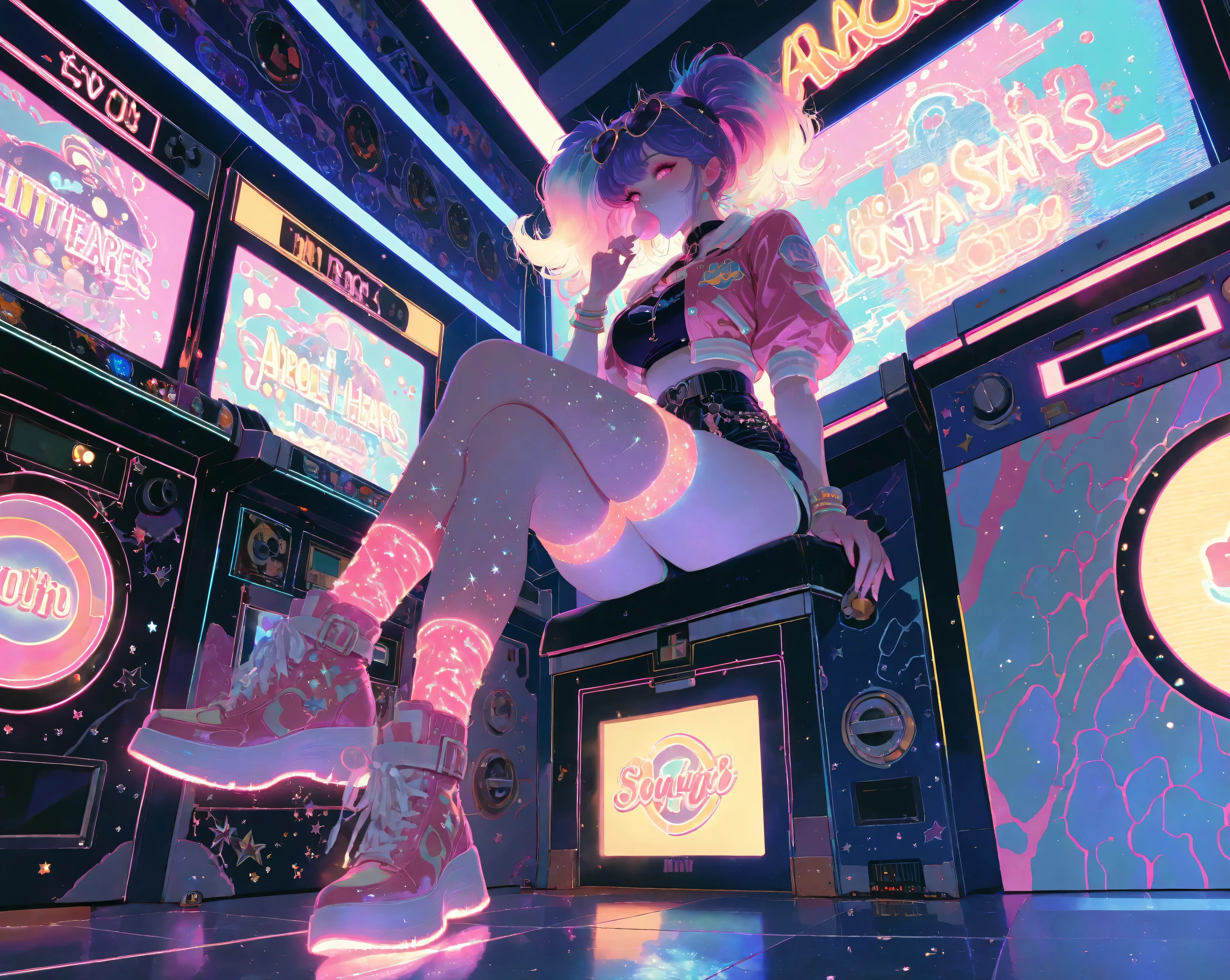 miaomiao_liulifa,,,rolua.noa artstyle, masterpiece, best quality, amazing quality, absurdres, newest,
Sayuri Gojo
heart-shaped sunglasses, colorful 80s arcade outfit with cropped jacket, high-waist shorts, glitter stockings,
solo, chewing bubblegum, sitting casually on arcade cabinet, legs crossed,
neon-lit arcade room with retro game machines, pixel hearts and stars glowing,
full shot, low angle,
bright neon lighting, soft pastel highlights, VHS grain effect,