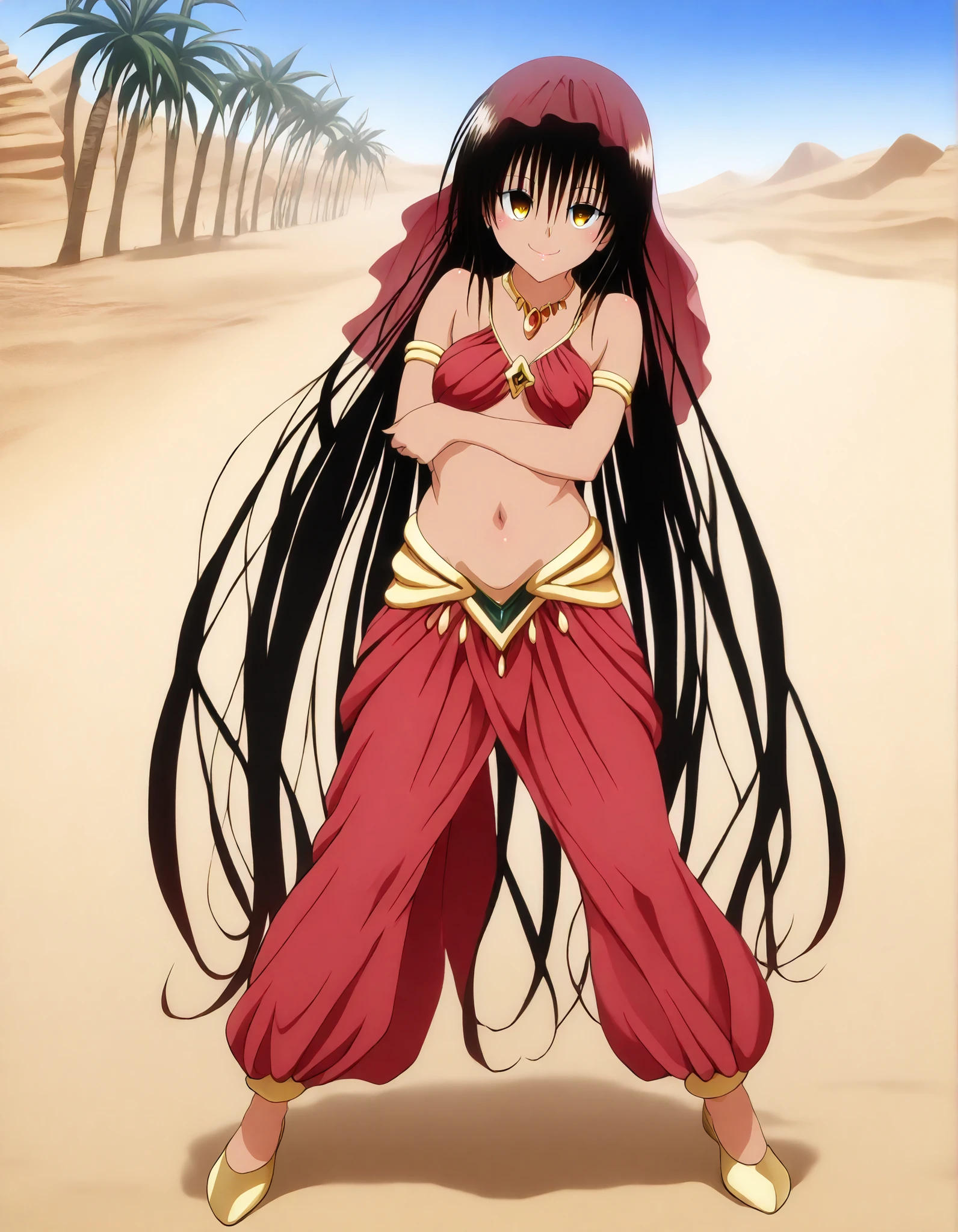 (1girl:1 . 5) , (Seul:1 . 5) , score_9 , score_8_haut , score_7_haut , source_anime , Official work  , ultra-detailed , masterpiece , best quality , high resolution , beaux yeux , detailed eyes , Detailed face , beautiful detailed eyes,dark skin, black hair, very long hair, twin tails, yellow eyes, To Love Ru,Nemesis,Arabian Clothes , Arabian Dancer ,belly dancer costume,belly dancer outfit ,full body,golden jewelery,armlet, belly dancing,desert lands,palm tree,seductive smile, dancing with veil, dynamic movement,dance posture, seductive pose