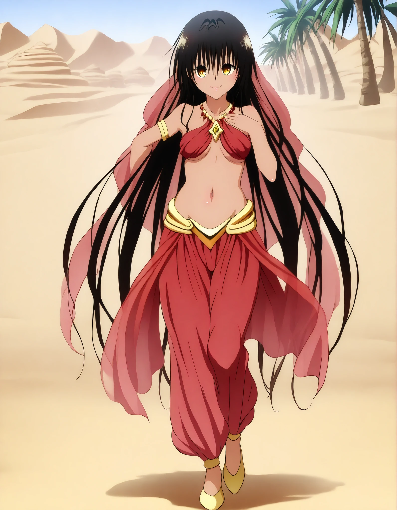 (1girl:1 . 5) , (Seul:1 . 5) , score_9 , score_8_haut , score_7_haut , source_anime , Official work , ultra-detailed , masterpiece , best quality , high resolution , beaux yeux , detailed eyes , Detailed face , beautiful detailed eyes,dark skin, black hair, very long hair, twin tails, yellow eyes, To Love Ru,Nemesis,Arabian Clothes , Arabian Dancer ,belly dancer costume,belly dancer outfit ,full body,golden jewelery,armlet, belly dancing,desert lands,palm tree,seductive smile, dancing with veil, dynamic movement,dance posture, seductive pose