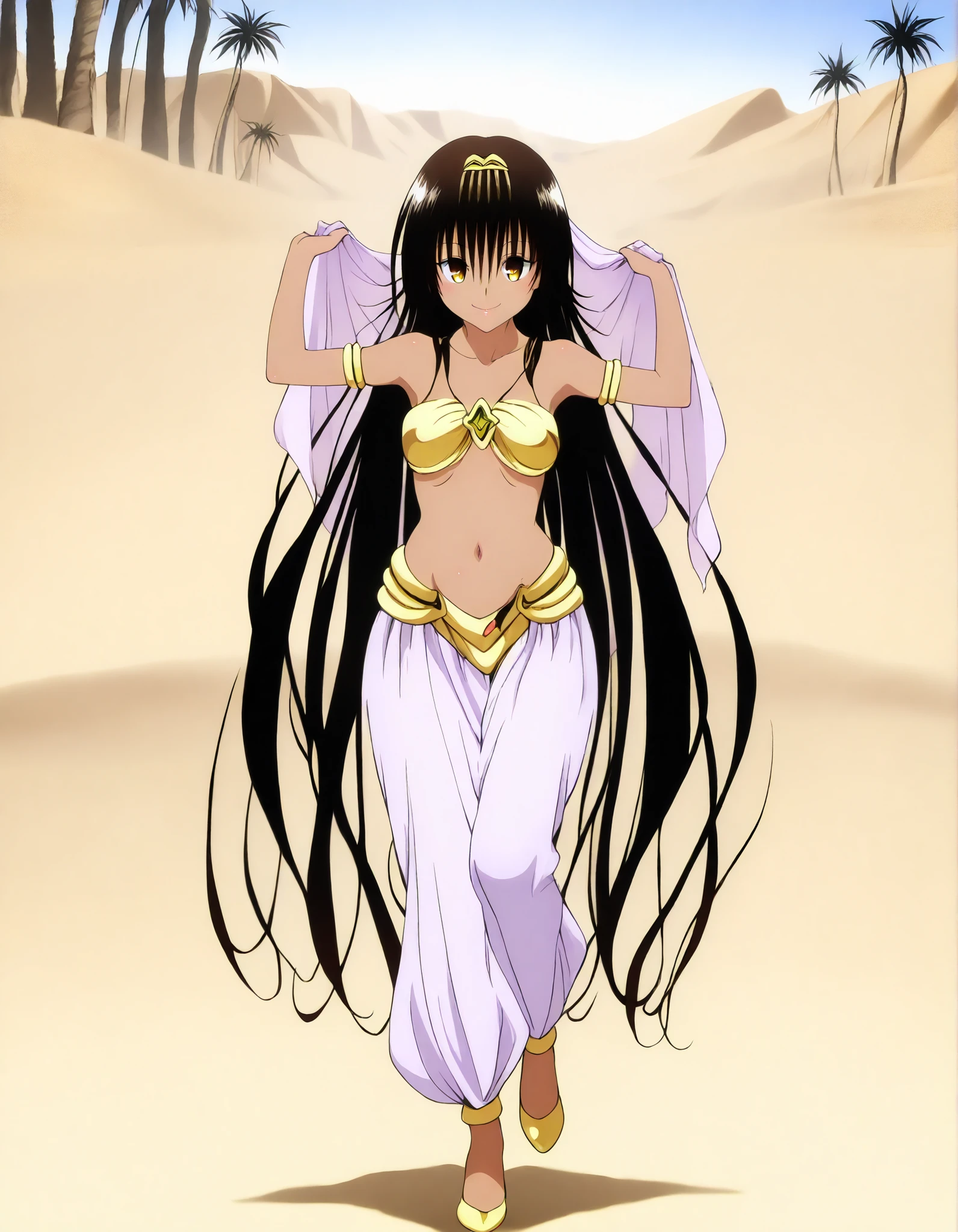 (1girl:1 . 5) , (Seul:1 . 5) , score_9 , score_8_haut , score_7_haut , source_anime , Official work  , ultra-detailed , masterpiece , best quality , high resolution , beaux yeux , detailed eyes , Detailed face , beautiful detailed eyes,dark skin, black hair, very long hair, twin tails, yellow eyes, To Love Ru,Nemesis,Arabian Clothes , Arabian Dancer ,belly dancer costume,belly dancer outfit ,full body,golden jewelery,armlet, belly dancing,desert lands,palm tree,seductive smile, dancing with veil, dynamic movement,dance posture, seductive pose