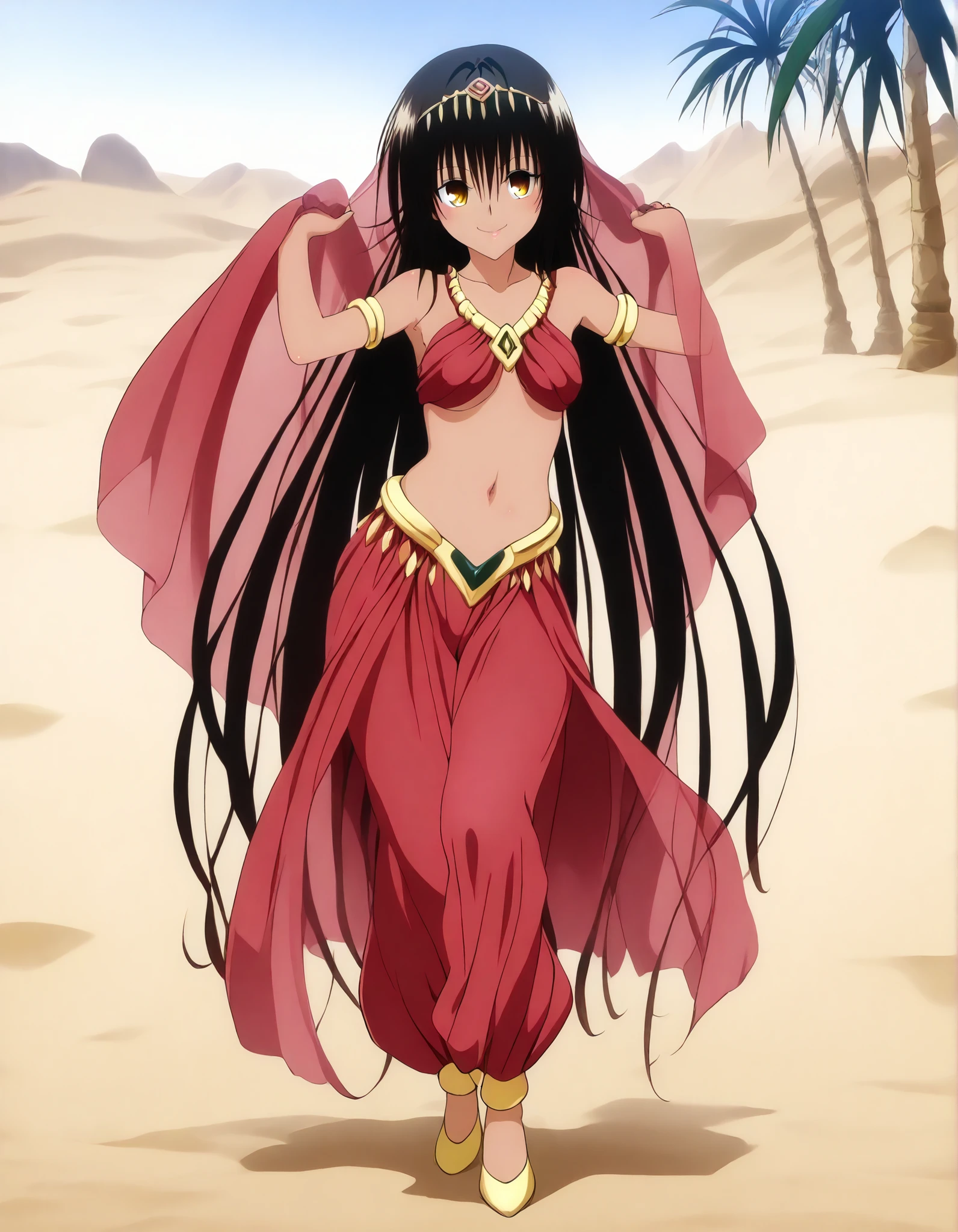 (1girl:1 . 5) , (Seul:1 . 5) , score_9 , score_8_haut , score_7_haut , source_anime , Official work  , ultra-detailed , masterpiece , best quality , high resolution , beaux yeux , detailed eyes , Detailed face , beautiful detailed eyes,dark skin, black hair, very long hair, twin tails, yellow eyes, To Love Ru,Nemesis,Arabian Clothes , Arabian Dancer ,belly dancer costume,belly dancer outfit ,full body,golden jewelery,armlet, belly dancing,desert lands,palm tree,seductive smile, dancing with veil, dynamic movement,dance posture, seductive pose