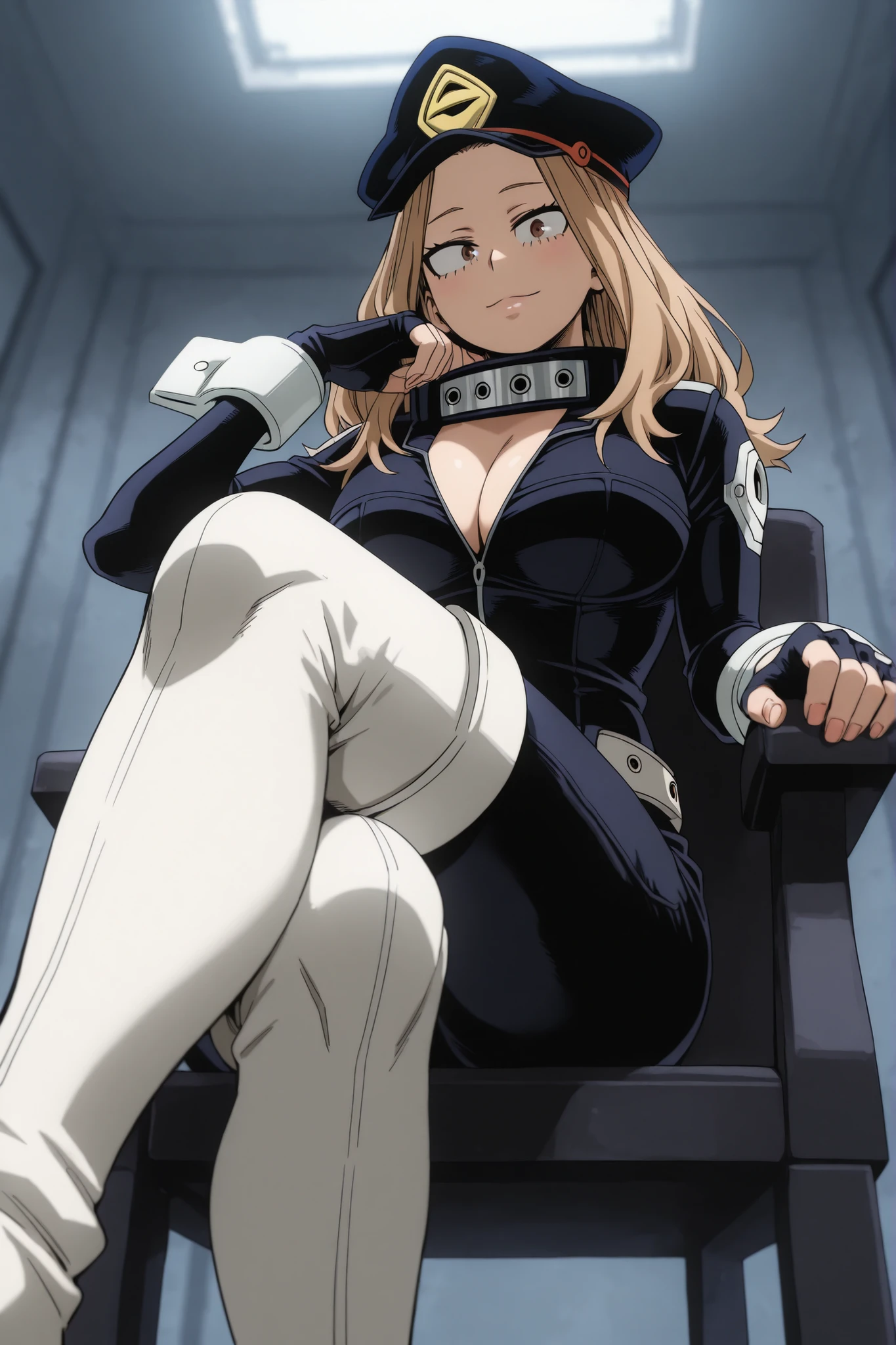 score9_up, score8_up, score7_up, solo, alone, masterpiece, best quality, camie, long hair, brown hair, brown eyes, peaked cap, blonde hair, , boku_no_hero_academia, hat, open , superhero, cleavage, black , , white thigh boots, black fingerless gloves, white belt, , in a secret base, high tech place, sitting on a chair, crossed legs, view from below, looking at the viewer, femdom