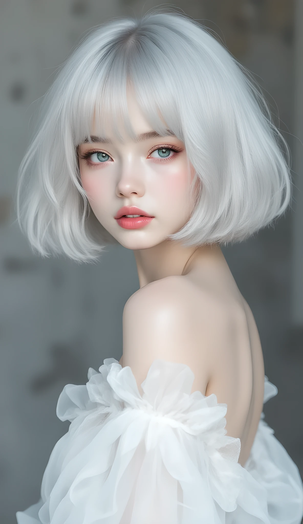 (masterpiece, ultra-detailed, photorealistic, cinematic soft lighting),
Sally, short fluffy silver-white bob hair, airy hairstyle,
(translucent porcelain skin, luminous natural glow, subtle blush, no plastic, no PVC, no mannequin),
large clear grey-blue eyes, calm gentle expression, lips softly closed,
half-body portrait, side-facing with slight head turn toward camera, elegant posture,
wearing a white translucent off-shoulder chiffon blouse, delicate folds,
background: textured grey concrete wall, soft vignette, subtle shadows,
lighting: soft Japanese transparency style, airy but not overexposed,
mood: clean, fresh, serene, soothing atmosphere