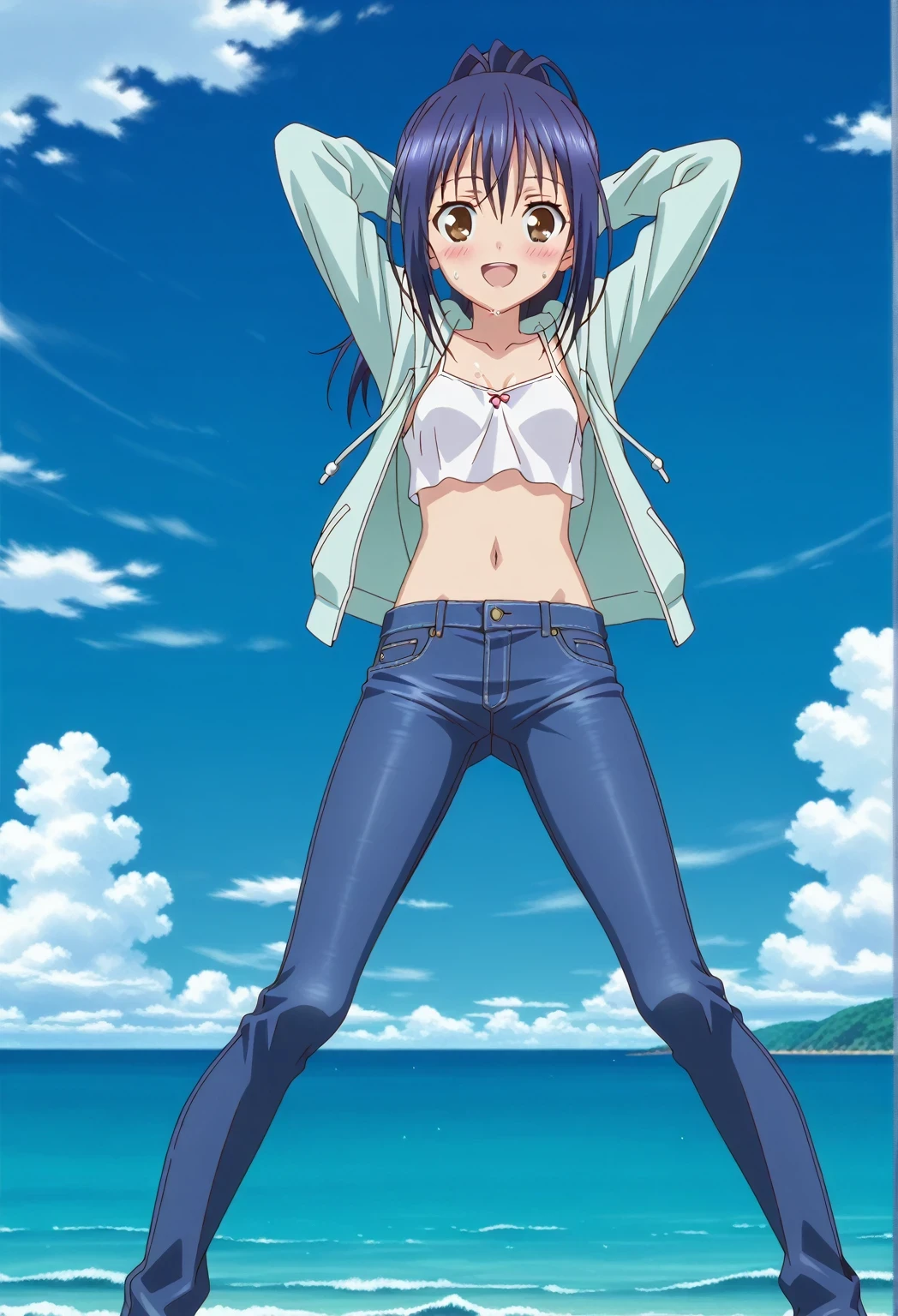 score_9, score_8_up, score_7_up, source_anime, highres, hi res, ((best quality, top quality, perfect quality, Highest Quality, amazing quality)), {{masterpiece}}, {{an extremely delicate and beautiful}}, 2d, intricate details, official style, anime, 8k, anime style, official_anime, official art, digital painting, cell shading, soft shading, high resolution, soothing tones, Subdued Color, Soft cinematic light, adobe lightroom, photolab, HDR, intricately and hyper-detailed, ((high quality animation)), 1 girl, Alone, solo, ((ocean)), tsunami, on the water, day, sunny, outdoors, sky, windy, mana takamiya, long hair, ponytail, hair between eyes, brown eyes, blue hair, sidelocks, anime screencap, small breasts, light blue green hoodie, open hoodie, white camisole top, crop top, white crop top, best quality, hyper-detailed jeans, ((blue jeans:1.9)), (dark blue jeans:0.6), full medium body, medium shot, Open mouth, smiling, happy face, blush, sweat, standing, ((arms behind head:6.0)), bowlegged, sliding pose, action, looking at viewer, spread legs, Bend knees slightly, straight-on front view