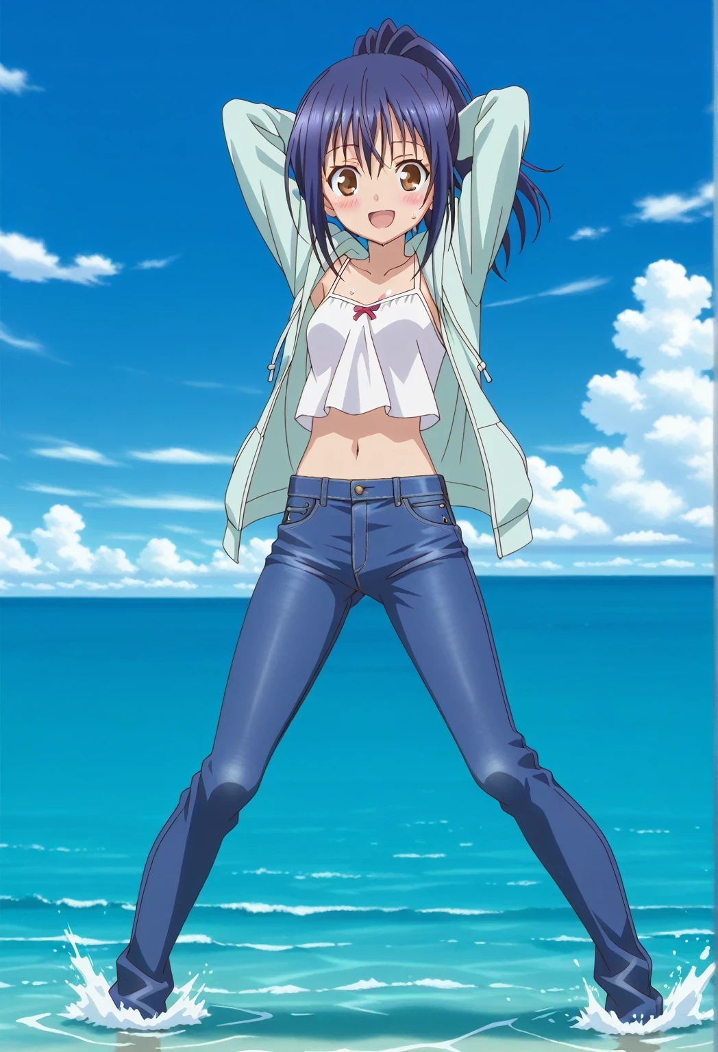 score_9, score_8_up, score_7_up, source_anime, highres, hi res, ((best quality, top quality, perfect quality, Highest Quality, amazing quality)), {{masterpiece}}, {{an extremely delicate and beautiful}}, 2d, intricate details, official style, anime, 8k, anime style, official_anime, official art, digital painting, cell shading, soft shading, high resolution, soothing tones, Subdued Color, Soft cinematic light, adobe lightroom, photolab, HDR, intricately and hyper-detailed, ((high quality animation)), 1 girl, Alone, solo, ((ocean)), tsunami, on the water, day, sunny, outdoors, sky, windy, mana takamiya, long hair, ponytail, hair between eyes, brown eyes, blue hair, sidelocks, anime screencap, small breasts, light blue green hoodie, open hoodie, white camisole top, crop top, white crop top, best quality, hyper-detailed jeans, ((blue jeans:1.9)), (dark blue jeans:0.6), full medium body, medium shot, Open mouth, smiling, happy face, blush, sweat, standing, ((arms behind head:6.0)), bowlegged, sliding pose, action, looking at viewer, spread legs, Bend knees slightly, straight-on front view