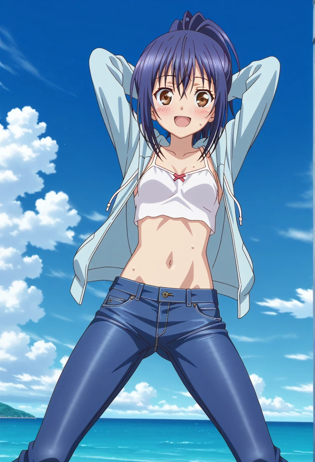 score_9, score_8_up, score_7_up, source_anime, highres, hi res, ((best quality, top quality, perfect quality, Highest Quality, amazing quality)), {{masterpiece}}, {{an extremely delicate and beautiful}}, 2d, intricate details, official style, anime, 8k, anime style, official_anime, official art, digital painting, cell shading, soft shading, high resolution, soothing tones, Subdued Color, Soft cinematic light, adobe lightroom, photolab, HDR, intricately and hyper-detailed, ((high quality animation)), 1 girl, Alone, solo, ((ocean)), tsunami, on the water, day, sunny, outdoors, sky, windy, mana takamiya, long hair, ponytail, hair between eyes, brown eyes, blue hair, sidelocks, anime screencap, small breasts, skyblue hoodie, open hoodie, white camisole top, crop top, white crop top, best quality, hyper-detailed jeans, ((blue jeans:1.9)), (dark blue jeans:0.6), full medium body, medium shot, Open mouth, smiling, happy face, blush, sweat, standing, ((arms behind head:6.0)), bowlegged, sliding pose, action, looking at viewer, spread legs, Bend knees slightly, straight-on front view