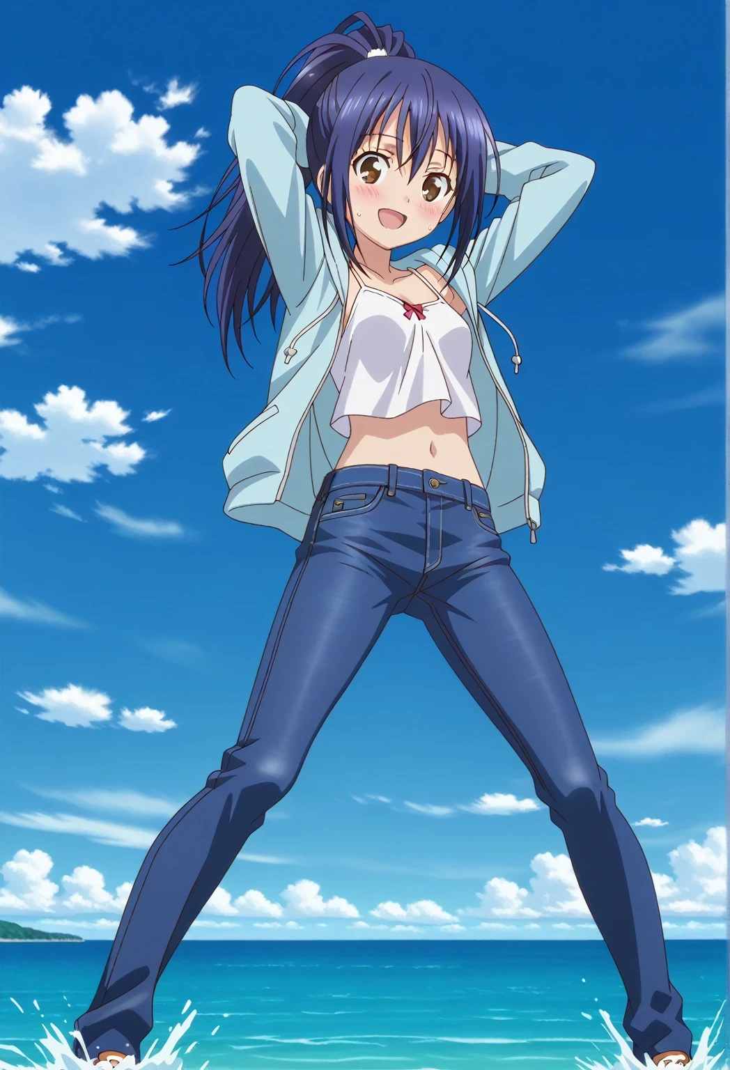 score_9, score_8_up, score_7_up, source_anime, highres, hi res, ((best quality, top quality, perfect quality, Highest Quality, amazing quality)), {{masterpiece}}, {{an extremely delicate and beautiful}}, 2d, intricate details, official style, anime, 8k, anime style, official_anime, official art, digital painting, cell shading, soft shading, high resolution, soothing tones, Subdued Color, Soft cinematic light, adobe lightroom, photolab, HDR, intricately and hyper-detailed, ((high quality animation)), 1 girl, Alone, solo, ((ocean)), tsunami, on the water, day, sunny, outdoors, sky, windy, mana takamiya, long hair, ponytail, hair between eyes, brown eyes, blue hair, sidelocks, anime screencap, small breasts, skyblue hoodie, open hoodie, white camisole top, crop top, white crop top, best quality, hyper-detailed jeans, ((blue jeans:1.9)), (dark blue jeans:0.6), full medium body, medium shot, Open mouth, smiling, happy face, blush, sweat, standing, ((arms behind head:6.0)), bowlegged, sliding pose, action, looking at viewer, spread legs, Bend knees slightly, straight-on front view