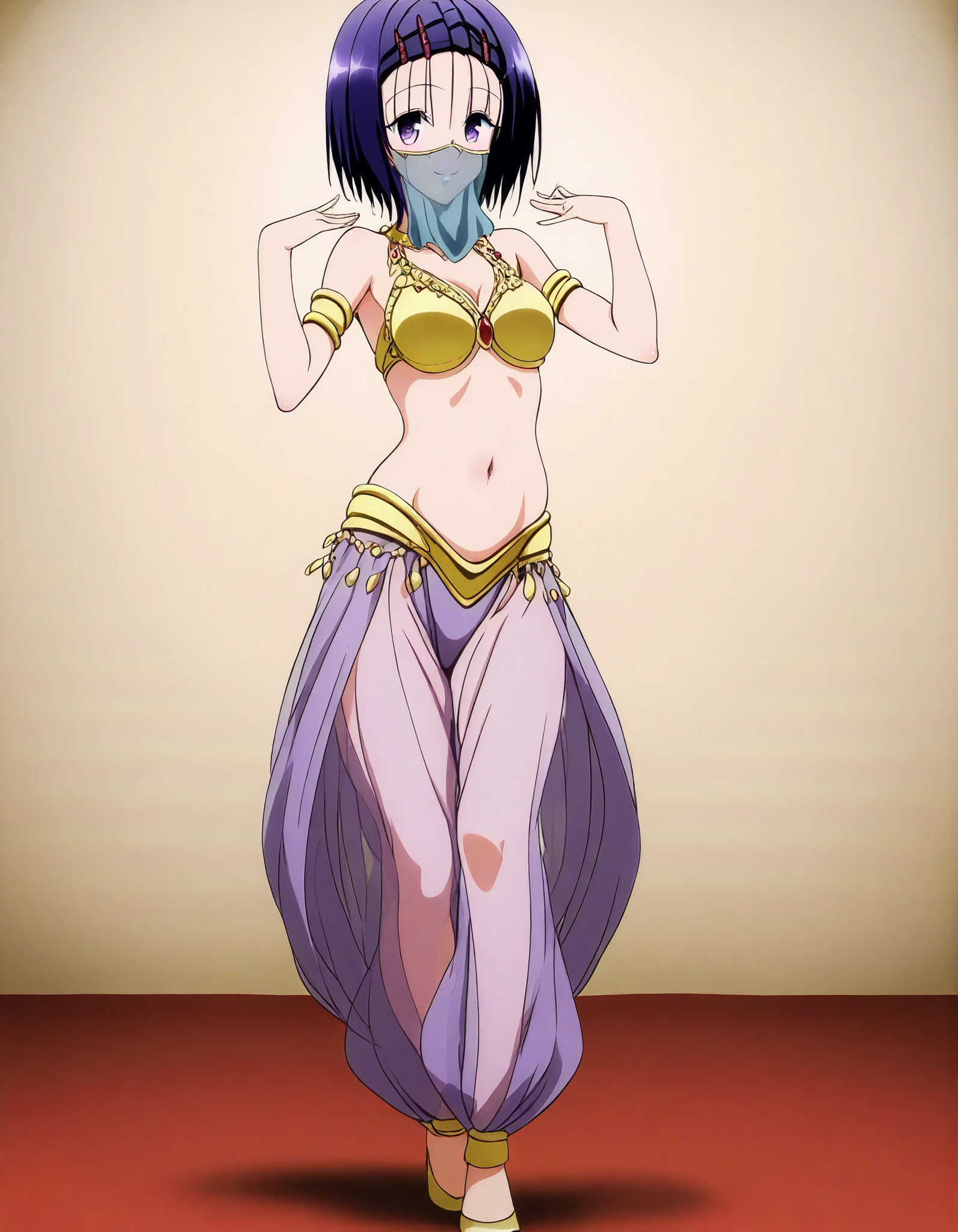 (1girl:1 . 5) , (Seul:1 . 5) , score_9 , score_8_haut , score_7_haut , source_anime , Official work  , ultra-detailed , masterpiece , best quality , high resolution , beaux yeux , detailed eyes , Detailed face , beautiful detailed eyes,hair ornament, hairclip, purple eyes, purple hair, short hair, To Love Ru,Haruna Sairenji,Arabian Clothes , Arabian Dancer ,belly dancer costume,belly dancer outfit ,full body,golden jewelery,mouth veil,armlet, belly dancing,arabian theater,seductive smile, dancing with veil, dynamic movement,dance posture, seductive pose