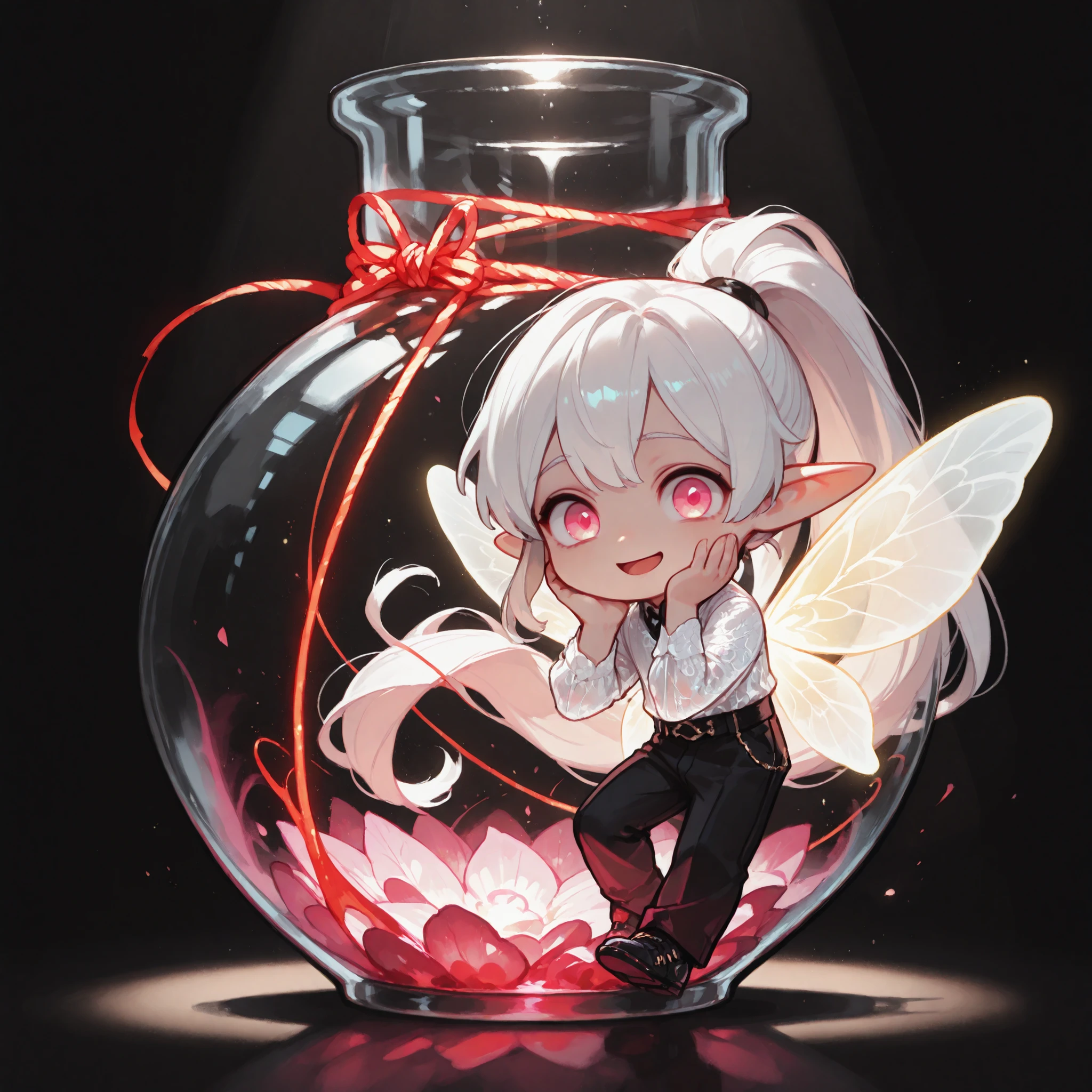 masterpiece, high quality, ultra-detailed,

chibi, solo, 1 boy:1.2, (male fairy:1.2, handsome), 1 boy, very long hair, white hair, ponytail hair, pink eyes, ((white silk shirts with ruffles, black slacks, man's fashion, modern look)), glowing wings, a thin red thread, thread wrapped loosely around his body, looking at viewer, one hand gently touching own cheek, ecstatic expression, dazed smile, open mouth smile, enchanted, alluring,

inside sealed transparent round glass bottle, glowing magical liquid at bottom, spotlight, black background