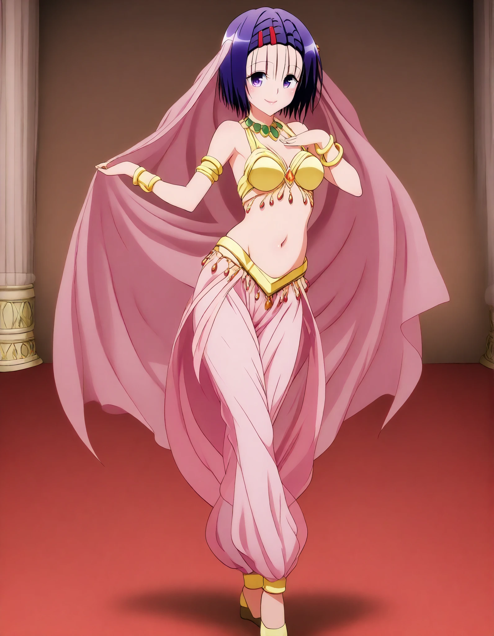 (1girl:1 . 5) , (Seul:1 . 5) , score_9 , score_8_haut , score_7_haut , source_anime , Official work  , ultra-detailed , masterpiece , best quality , high resolution , beaux yeux , detailed eyes , Detailed face , beautiful detailed eyes,hair ornament, hairclip, purple eyes, purple hair, short hair, To Love Ru,Haruna Sairenji,Arabian Clothes , Arabian Dancer ,belly dancer costume,belly dancer outfit ,full body,golden jewelery,armlet, belly dancing,arabian theater,seductive smile, dancing with veil, dynamic movement,dance posture, seductive pose