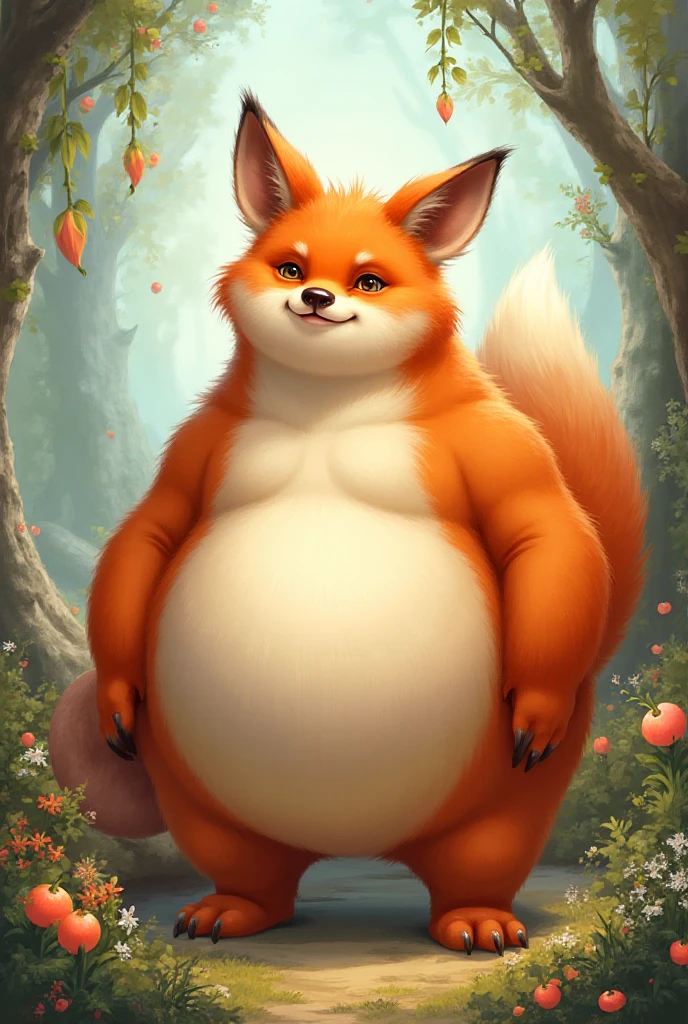 Miles Tails Prower、Giant Monsterountain of fat、The body is buried due to fat、The stomach is triangular、、Extreme obesity、very thick fat、my stomach touches the ground、Stomach like a giant balance ball、Saggy belly、detailed eyes,  Thick and fat thighs、very very tall、animal-like legs、Cheeks that store fat、thick and short arms、huge torso、thick neck、fat neck、sharp claws、legs buried in fat thick and long tail、thick twisted corners、in a small forest, 