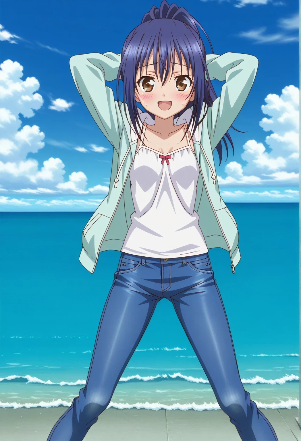 score_9, score_8_up, score_7_up, source_anime, highres, hi res, ((best quality, top quality, perfect quality, Highest Quality, amazing quality)), {{masterpiece}}, {{an extremely delicate and beautiful}}, 2d, intricate details, official style, anime, 8k, anime style, official_anime, official art, digital painting, cell shading, soft shading, high resolution, soothing tones, Subdued Color, Soft cinematic light, adobe lightroom, photolab, HDR, intricately and hyper-detailed, ((high quality animation)), 1 girl, Alone, solo, ((ocean)), tsunami, on the water, day, sunny, outdoors, sky, windy, mana takamiya, long hair, ponytail, hair between eyes, brown eyes, blue hair, sidelocks, anime screencap, small breasts, light blue green hoodie, open hoodie, white camisole, best quality, hyper-detailed jeans, ((blue jeans:1.9)), (dark blue jeans:0.6), full medium body, medium shot, Open mouth, smiling, happy face, blush, sweat, standing, ((arms behind head:6.0)), bowlegged, sliding pose, action, looking at viewer, spread legs, Bend knees slightly, straight-on front view