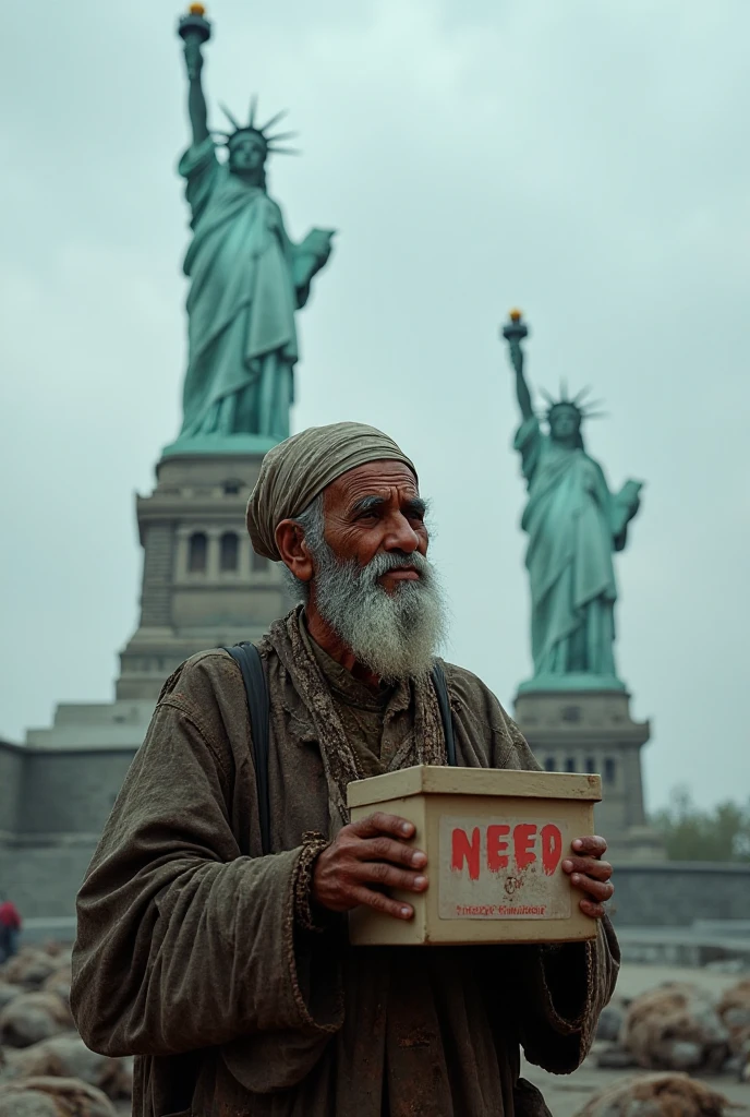 Armed, leader,laughing loudly , a lot of blood on hand and clothes, big bearded, wearing USA flag, black waistcoat, big white afghan turban; kissing and worshiping to USA flag; alot big piles of of dollars around