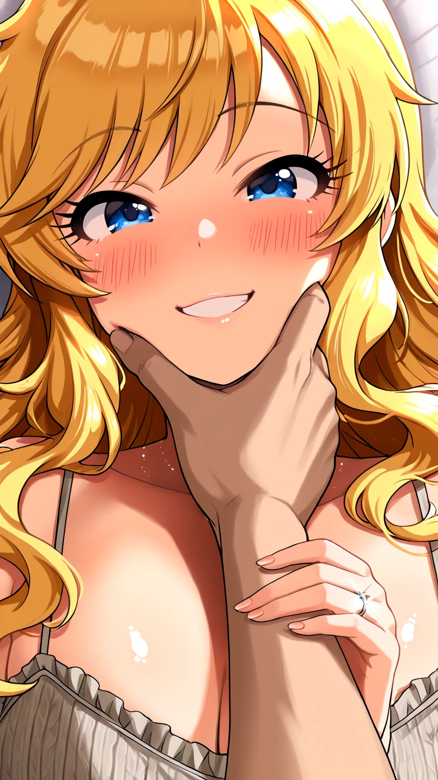 (source_anime, score_9:1), 1girl, solo, blonde hair, blue eyes, long hair, looking at viewer, (large breasts, pink lips:0.75), nipples, smile, nude, arms raised, simple background