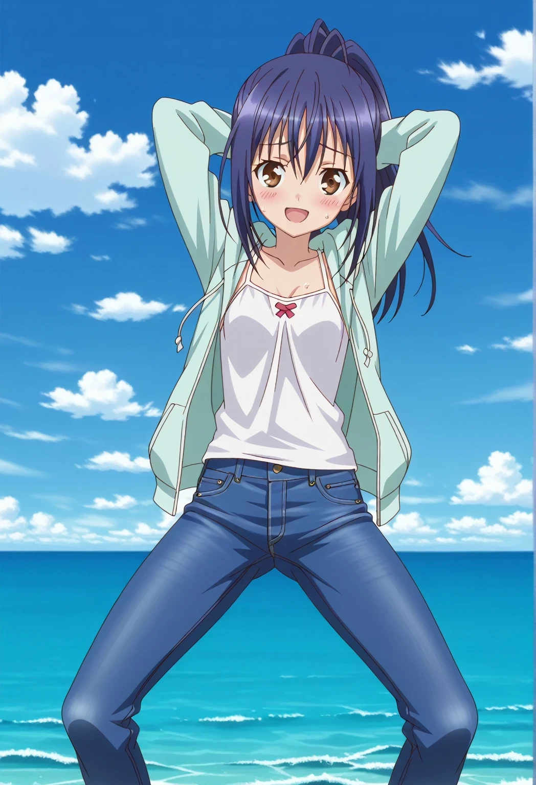 score_9, score_8_up, score_7_up, source_anime, highres, hi res, ((best quality, top quality, perfect quality, Highest Quality, amazing quality)), {{masterpiece}}, {{an extremely delicate and beautiful}}, 2d, intricate details, official style, anime, 8k, anime style, official_anime, official art, digital painting, cell shading, soft shading, high resolution, soothing tones, Subdued Color, Soft cinematic light, adobe lightroom, photolab, HDR, intricately and hyper-detailed, ((high quality animation)), 1 girl, Alone, solo, ((ocean)), tsunami, on the water, day, sunny, outdoors, sky, windy, mana takamiya, long hair, ponytail, hair between eyes, brown eyes, blue hair, sidelocks, anime screencap, small breasts, light blue green hoodie, open hoodie, white camisole, best quality, hyper-detailed jeans, ((blue jeans:1.9)), (dark blue jeans:0.6), full medium body, medium shot, Open mouth, smiling, happy face, blush, sweat, standing, ((arms behind head:6.0)), bowlegged, sliding pose, action, looking at viewer, spread legs, Bend knees slightly, straight-on front view
