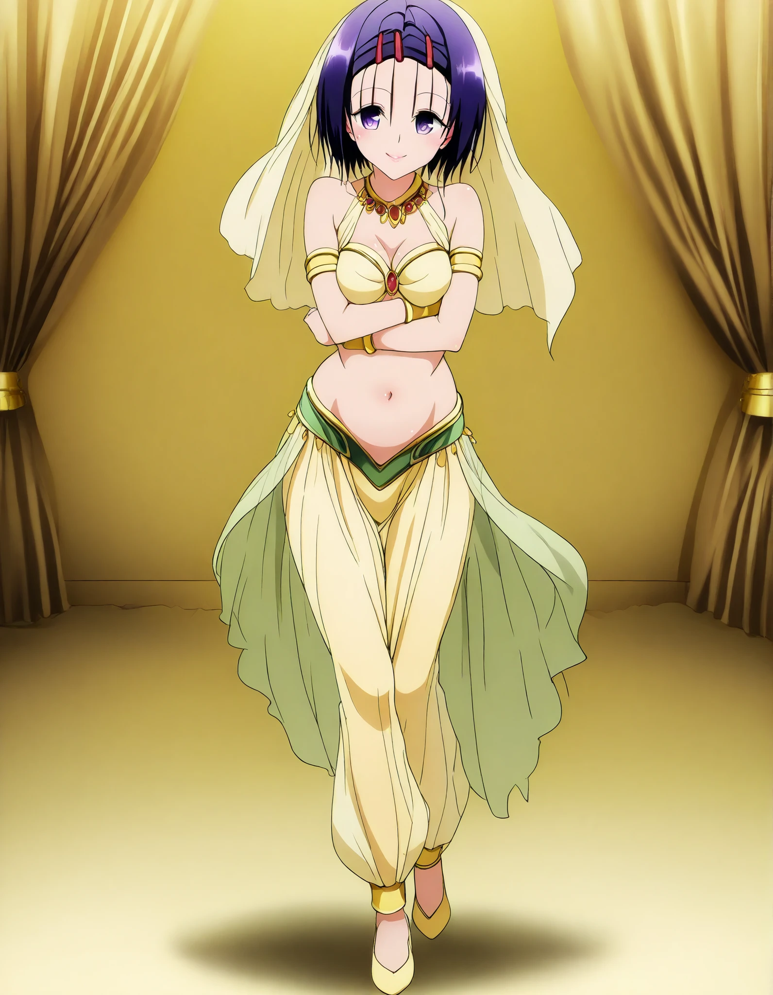 (1girl:1 . 5) , (Seul:1 . 5) , score_9 , score_8_haut , score_7_haut , source_anime , Official work  , ultra-detailed , masterpiece , best quality , high resolution , beaux yeux , detailed eyes , Detailed face , beautiful detailed eyes,hair ornament, hairclip, purple eyes, purple hair, short hair, To Love Ru,Haruna Sairenji,Arabian Clothes , Arabian Dancer ,belly dancer costume,belly dancer outfit ,full body,golden jewelery,armlet, belly dancing,arabian garden,seductive smile, dancing with veil, dynamic movement,dance posture, seductive pose