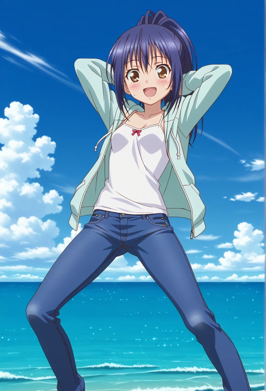 score_9, score_8_up, score_7_up, source_anime, highres, hi res, ((best quality, top quality, perfect quality, Highest Quality, amazing quality)), {{masterpiece}}, {{an extremely delicate and beautiful}}, 2d, intricate details, official style, anime, 8k, anime style, official_anime, official art, digital painting, cell shading, soft shading, high resolution, soothing tones, Subdued Color, Soft cinematic light, adobe lightroom, photolab, HDR, intricately and hyper-detailed, ((high quality animation)), 1 girl, Alone, solo, ((ocean)), tsunami, on the water, day, sunny, outdoors, sky, windy, mana takamiya, long hair, ponytail, hair between eyes, brown eyes, blue hair, sidelocks, anime screencap, small breasts, light blue green hoodie, open hoodie, white camisole, best quality, hyper-detailed jeans, ((blue jeans:1.9)), (dark blue jeans:0.6), full medium body, medium shot, Open mouth, smiling, happy face, blush, sweat, standing, ((arms behind head:6.0)), bowlegged, jumping pose, action, looking at viewer, spread legs, Bend knees slightly, straight-on front view