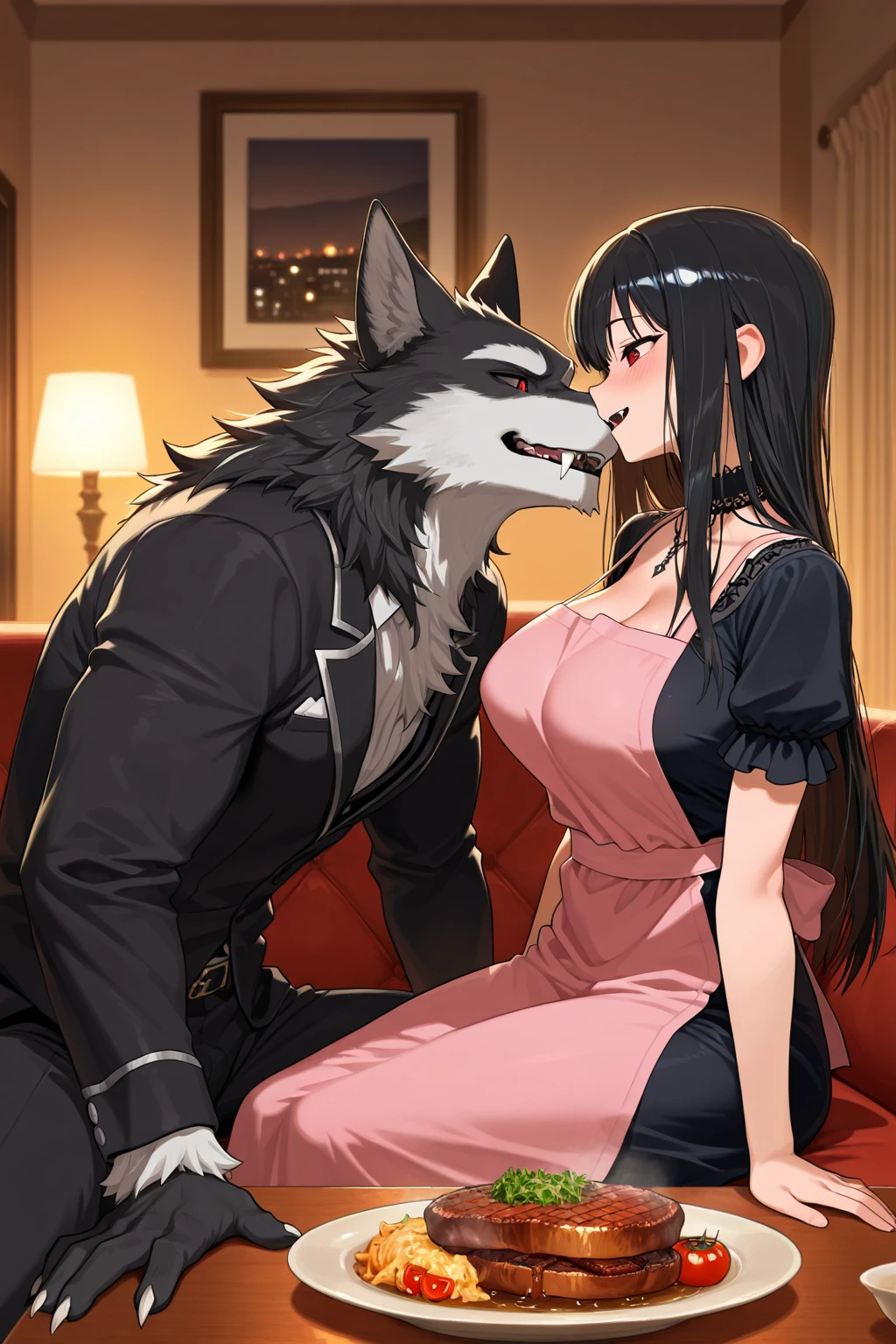 score_9, score_8_up, score_7_up,  source_anime, masterpiece, best quality, (anime screencap),(source_anime), anatomically correct,good hands,only 5 fingers,2d,
duo,
1girl,aatama, long hair, black hair, animal ears, two side up, hair ribbon, green ribbon, purple eyes, large breasts, tail, black choker, cleavage, white camisole, off shoulder, black jacket, long sleeves, pleated skirt, blue skirt, white thighhighs,
shiny skin,steaming body,sweat,(skindentation),breast press,groin,(disgust),(rolling eyes),shaded face,sex,kissing,BREAK black skinned male,faceless male,tall male,sex,good hands,only 5 fingers