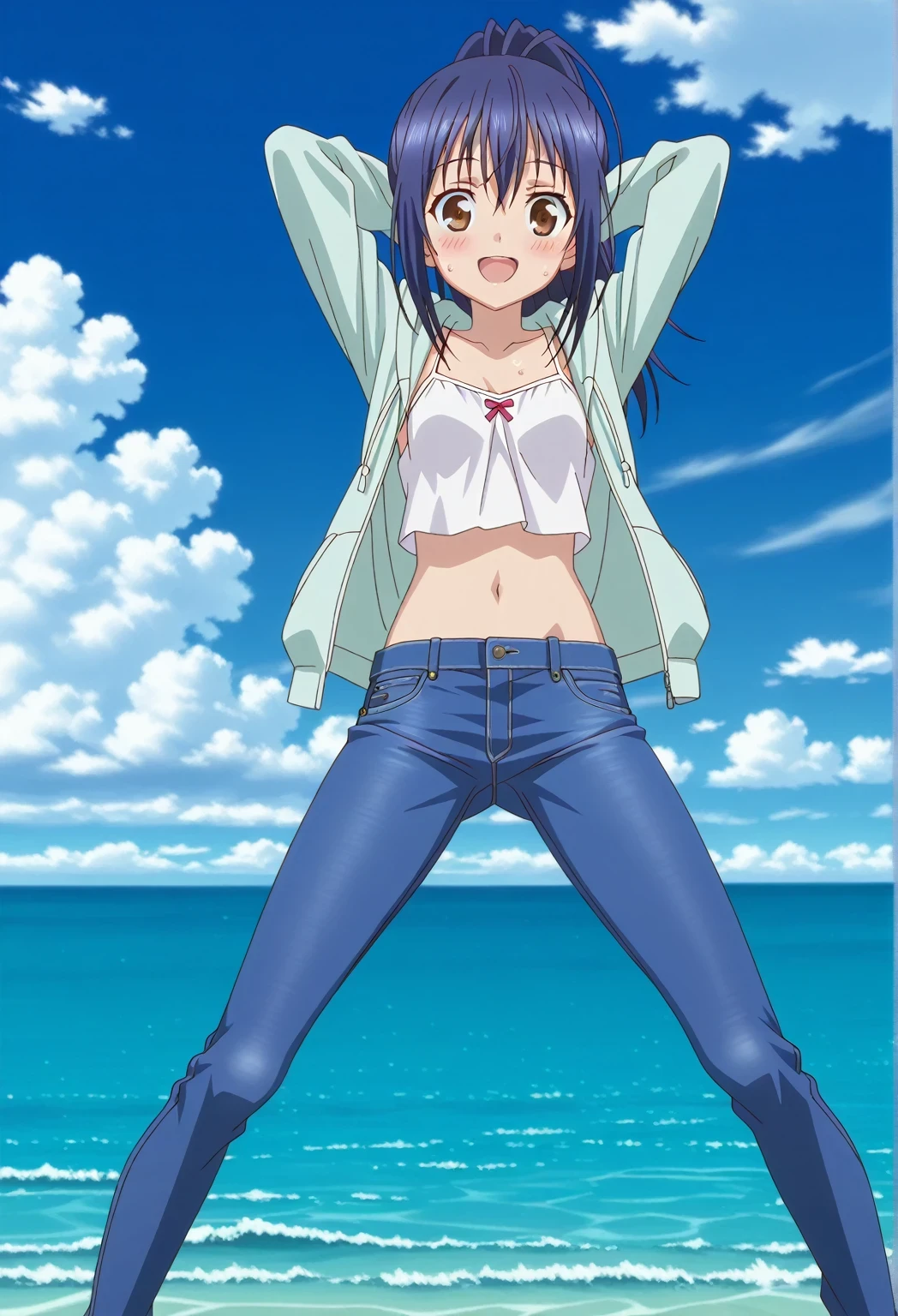 score_9, score_8_up, score_7_up, source_anime, highres, hi res, ((best quality, top quality, perfect quality, Highest Quality, amazing quality)), {{masterpiece}}, {{an extremely delicate and beautiful}}, 2d, intricate details, official style, anime, 8k, anime style, official_anime, official art, digital painting, cell shading, soft shading, high resolution, soothing tones, Subdued Color, Soft cinematic light, adobe lightroom, photolab, HDR, intricately and hyper-detailed, ((high quality animation)), 1 girl, Alone, solo, ((ocean)), tsunami, on the water, day, sunny, outdoors, sky, windy, mana takamiya, long hair, ponytail, hair between eyes, brown eyes, blue hair, sidelocks, anime screencap, small breasts, light blue green hoodie, open hoodie, white camisole top, crop top, white crop top, best quality, hyper-detailed jeans, ((blue jeans:1.9)), (dark blue jeans:0.6), full medium body, medium shot, Open mouth, smiling, happy face, blush, sweat, standing, ((arms behind head:6.0)), bowlegged, sliding pose, action, looking at viewer, spread legs, Bend knees slightly, straight-on front view